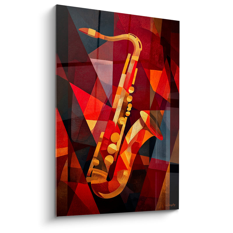 Tableau Musique saxophone rouge et bordeaux fragmenté cubiste - Facettes triangulaires - Edition Musique