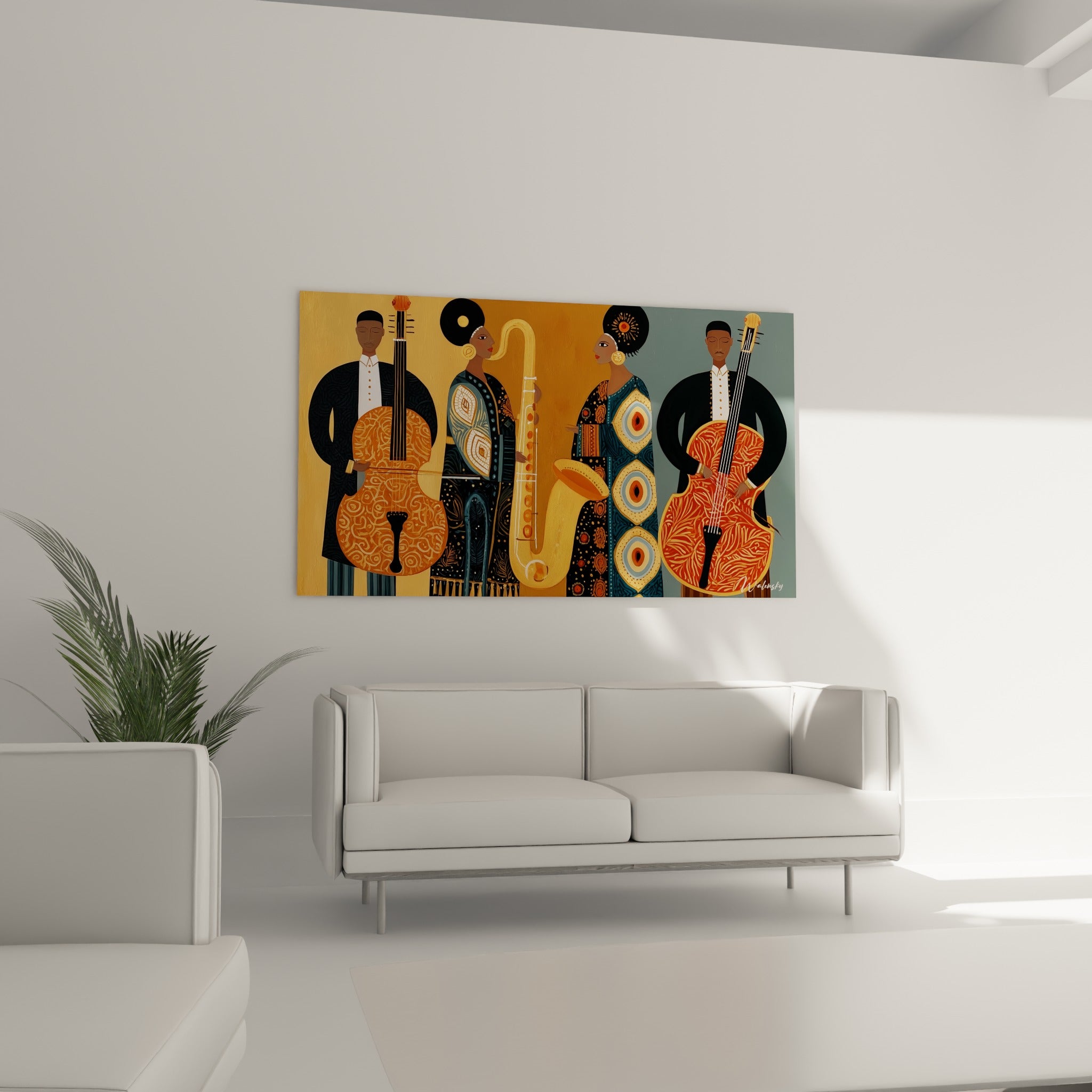 Silhouettes de Musique en terracotta et bleu pétrole, suspendues au-dessus d'un canapé dans un salon lumineux