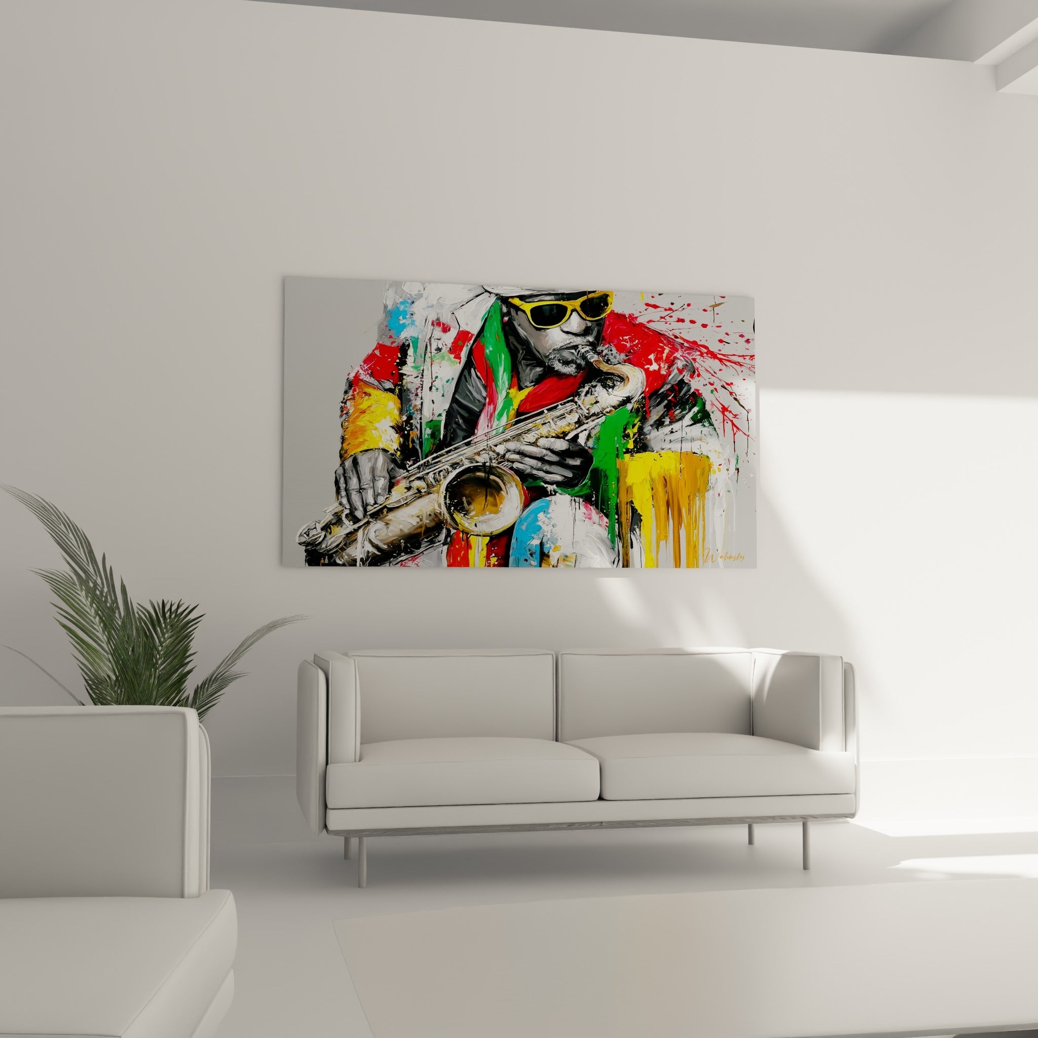 Portrait Musique jazz coloré en vert et doré, au-dessus d'un canapé dans un salon lumineux