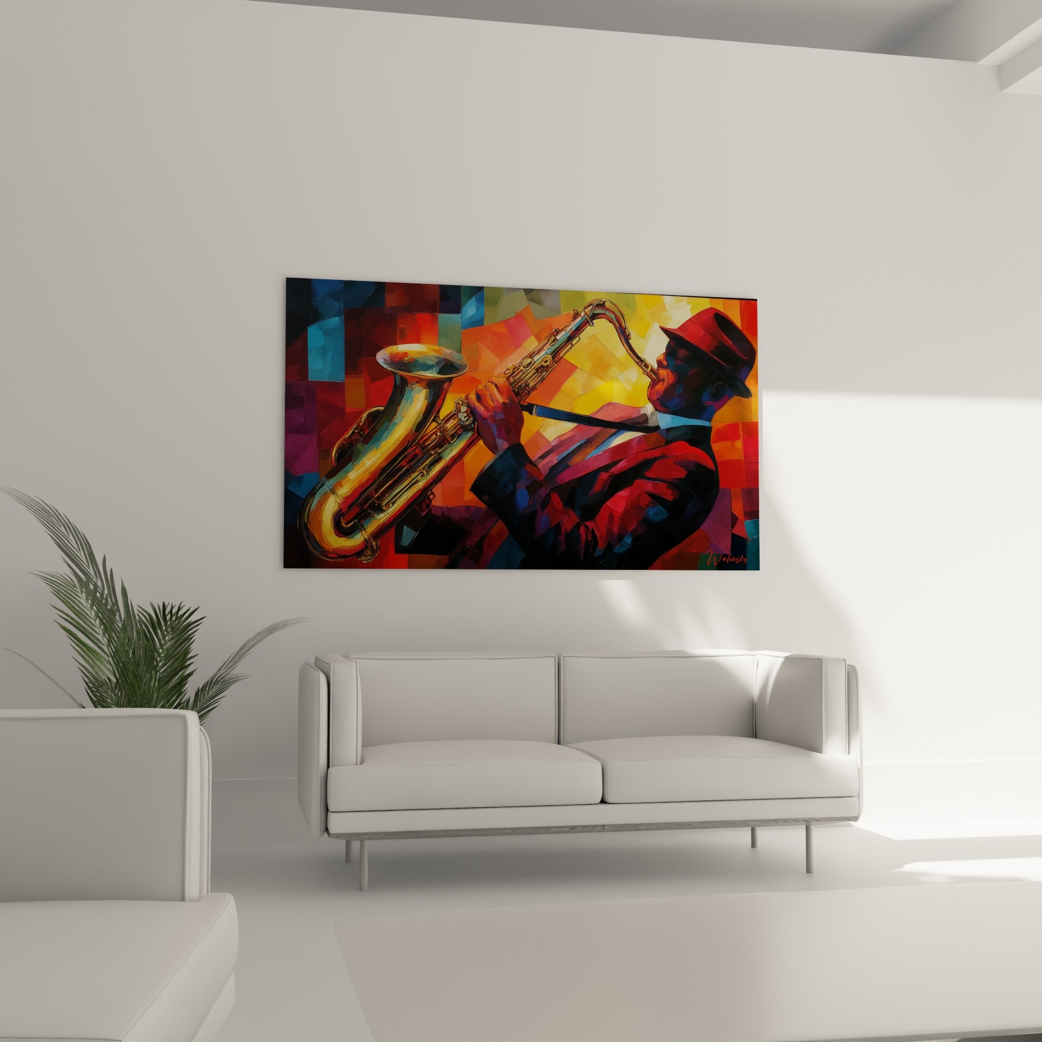 Souffle intense du joueur de saxophone, camaïeu ocre et anthracite, au-dessus d'un canapé dans un salon lumineux
