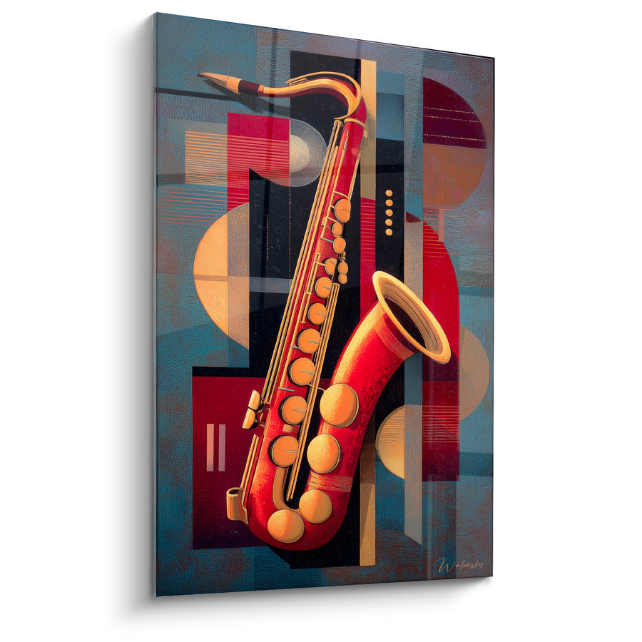 Tableau Musique saxophone rouge et doré formes géométriques - Cercles superposés bicolores - Edition Musique