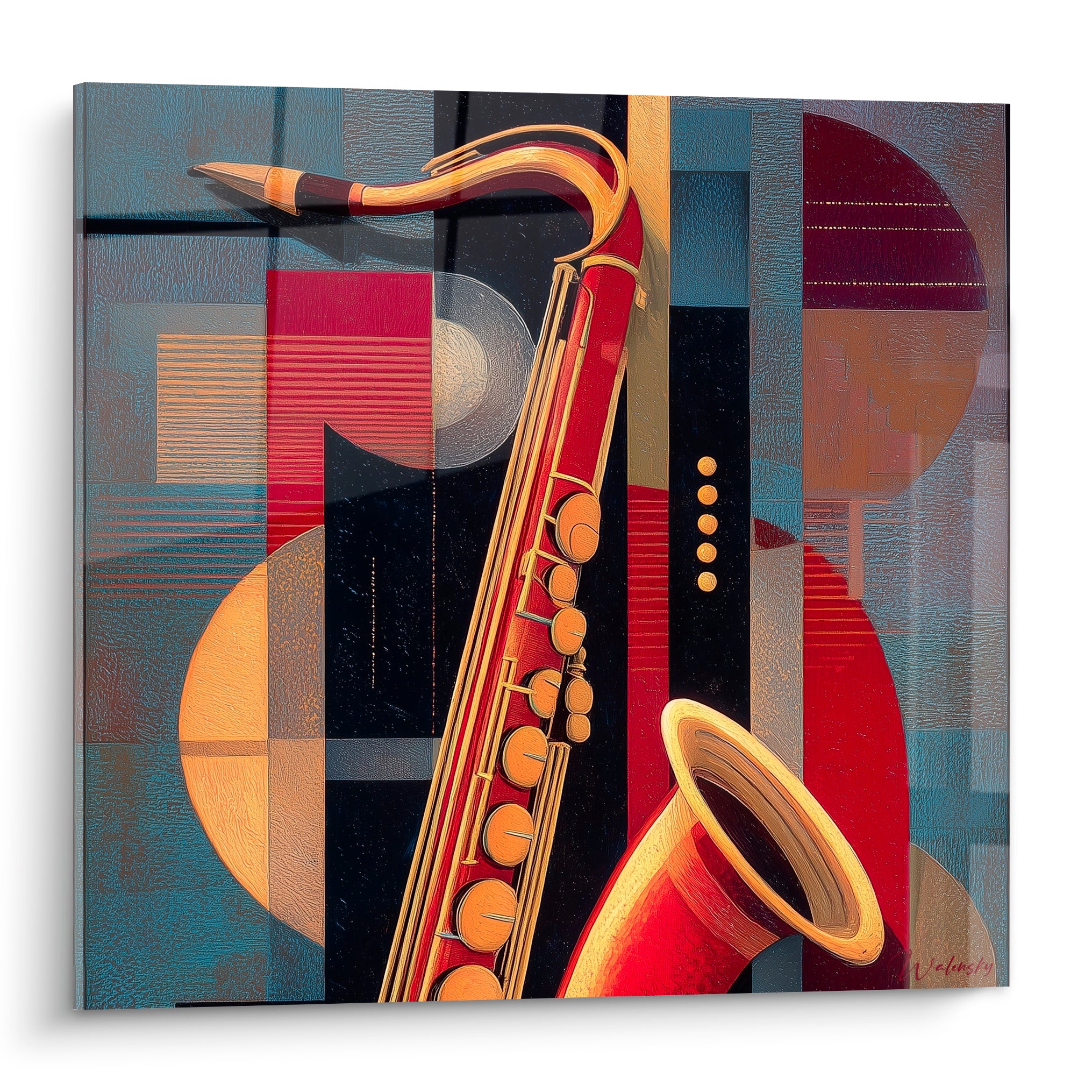 Saxophone rouge et doré fragmenté par des blocs géométriques bleu marine et anthracite, style cubiste