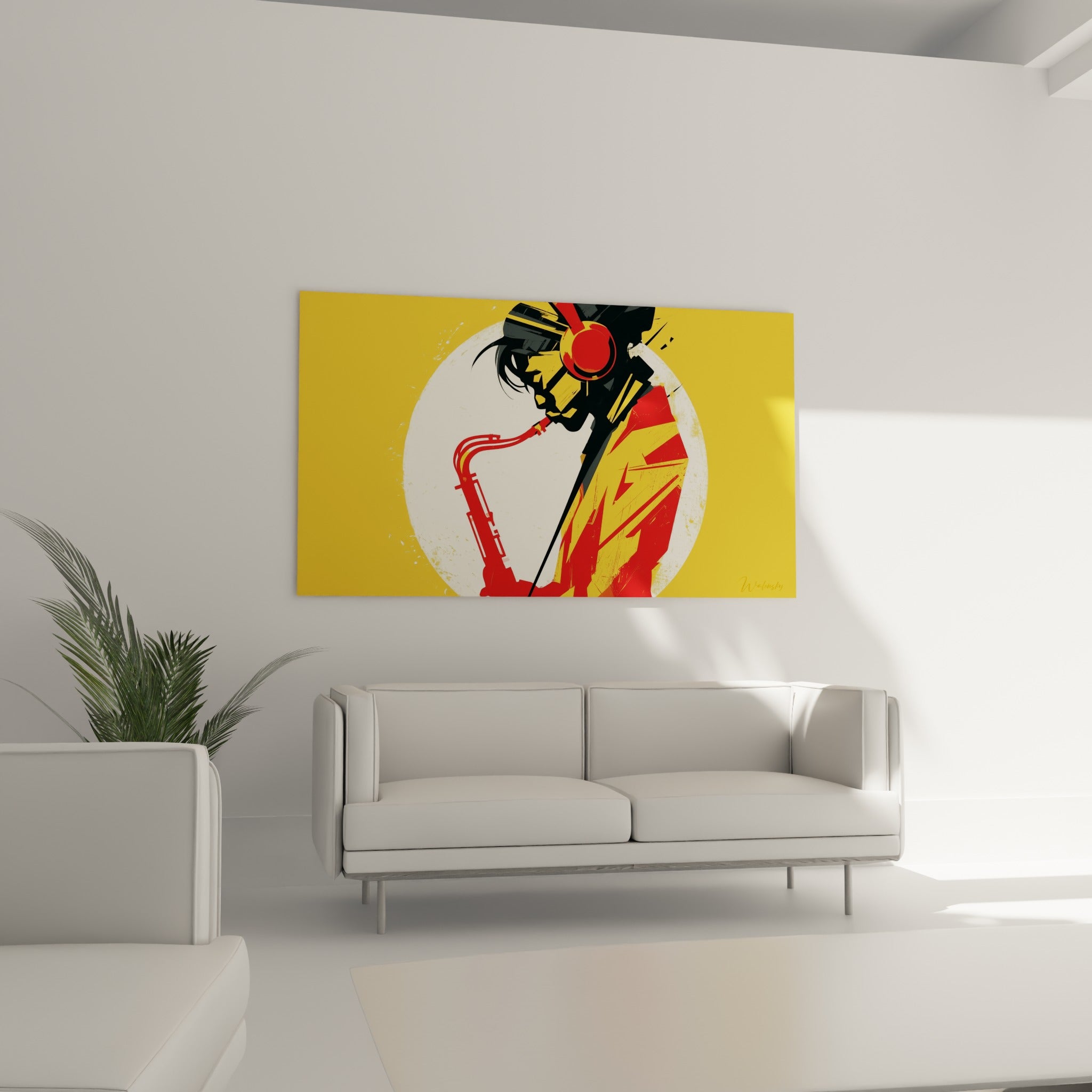 Silhouette rouge et noire jouant du saxophone sur cercle ivoire, au-dessus d'un canapé dans un salon lumineux