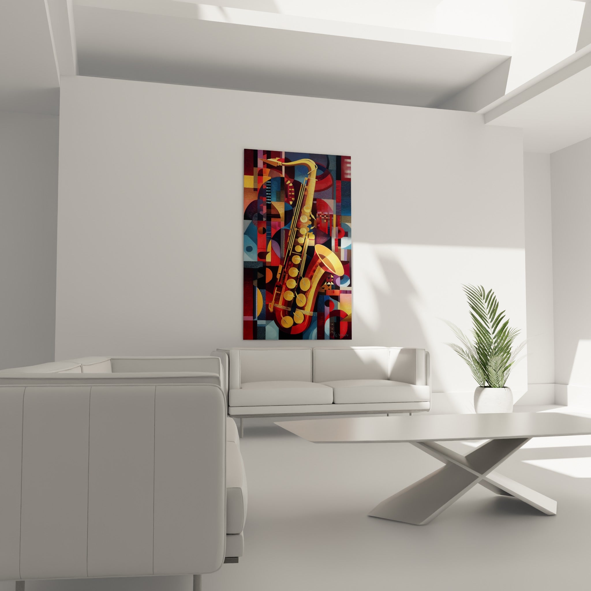 Saxophone rouge et or sur mosaïque anthracite et terracotta, au-dessus d'un canapé dans un salon lumineux