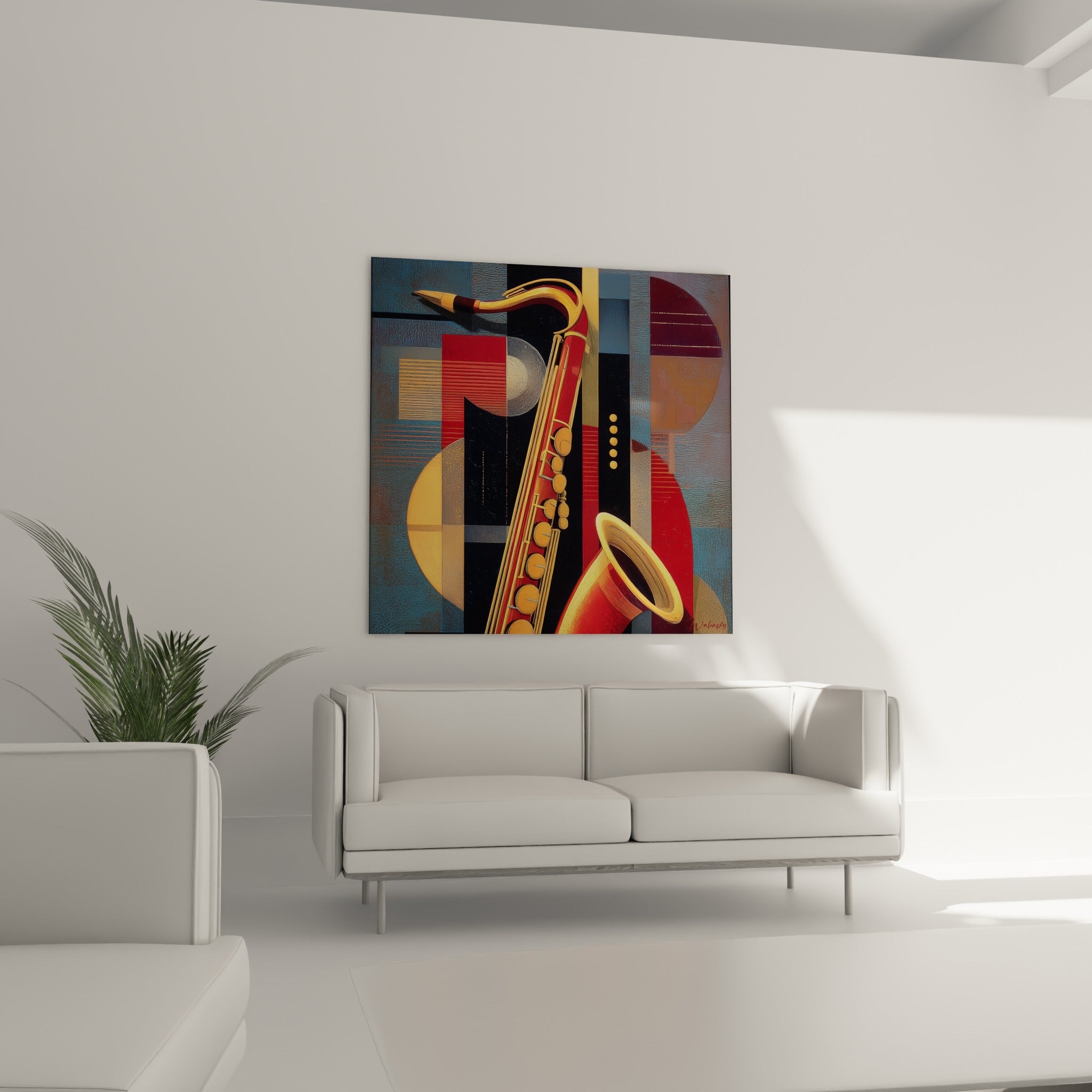 Saxophone doré et rouge structuré par des formes géométriques, au-dessus d'un canapé dans un salon lumineux