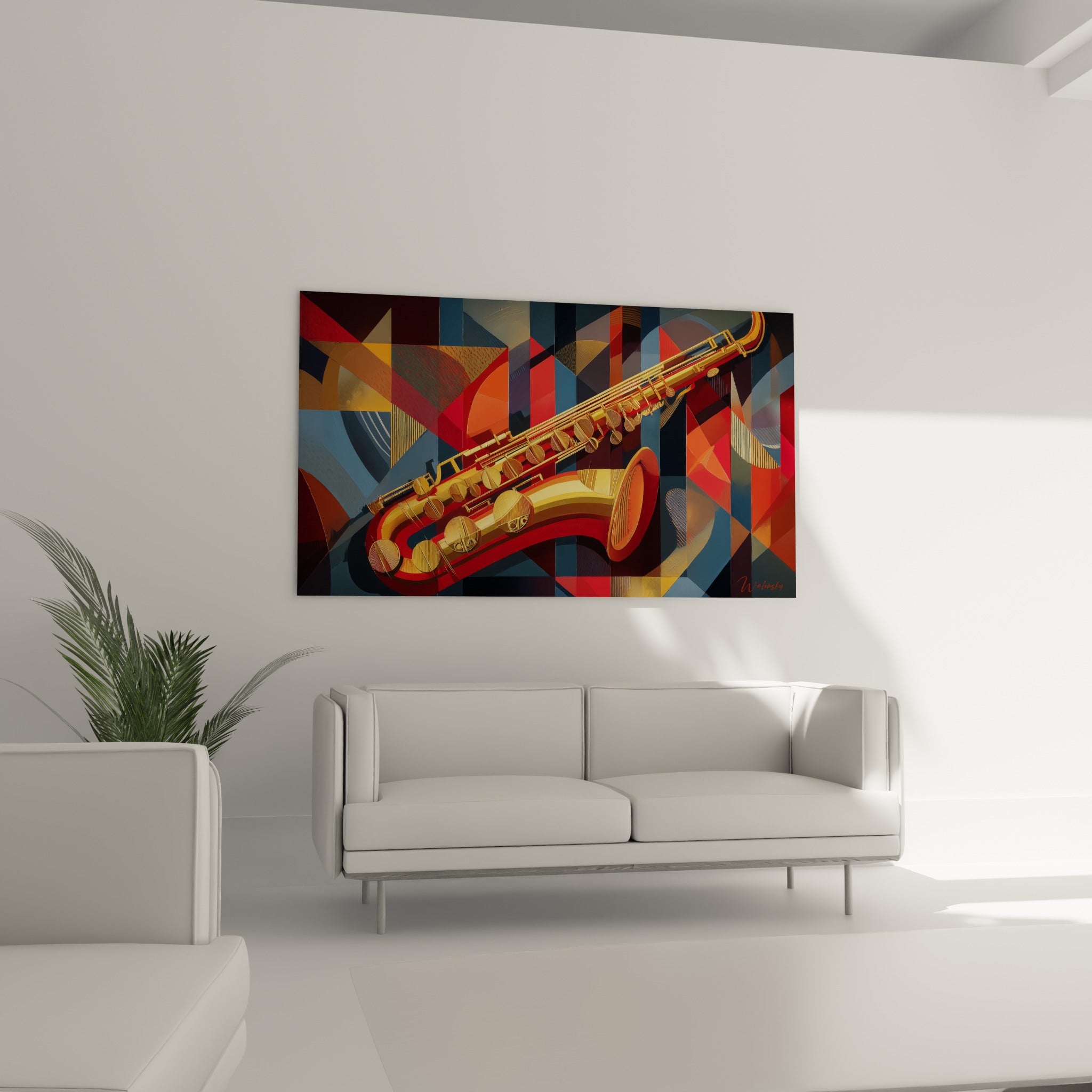 Saxophone terracotta et doré sur composition géométrique, au-dessus d'un canapé dans un salon lumineux