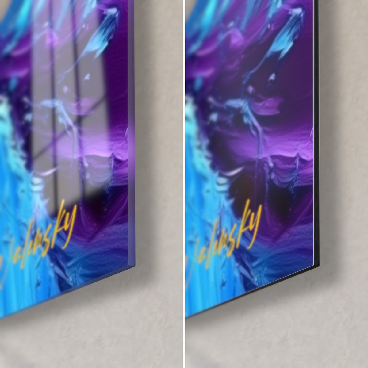 Tableau saxophone éclaboussé, coin bas droit en verre brillant violet et turquoise et en Dibond mat, tranche de 3 mm