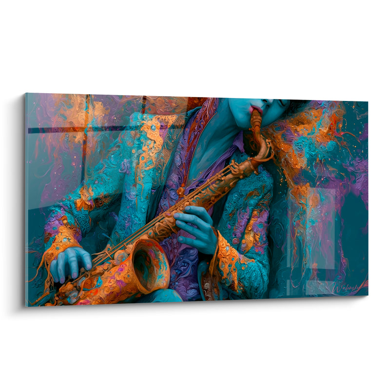 Tableau Musique bleu sarcelle et doré saxophoniste - Souffle en fusion - Edition Musique