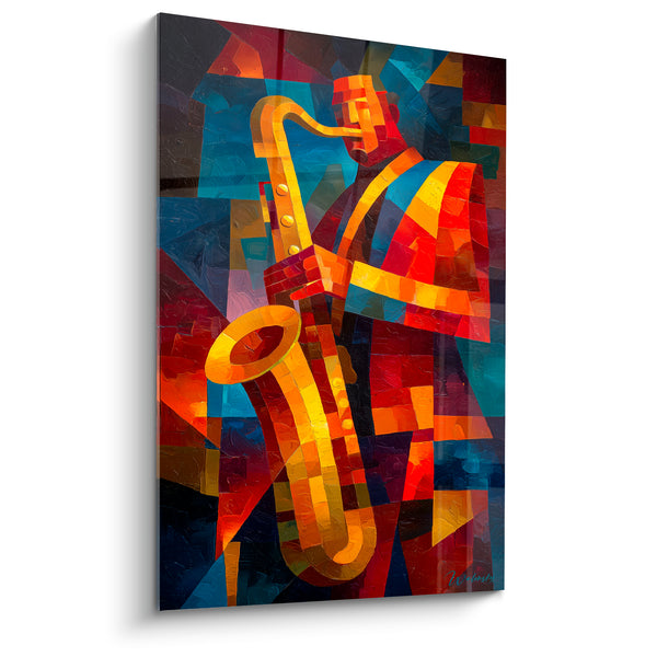 Cuadro Música saxofonista dorado azul cubista - Aliento de jazz - Edición Música