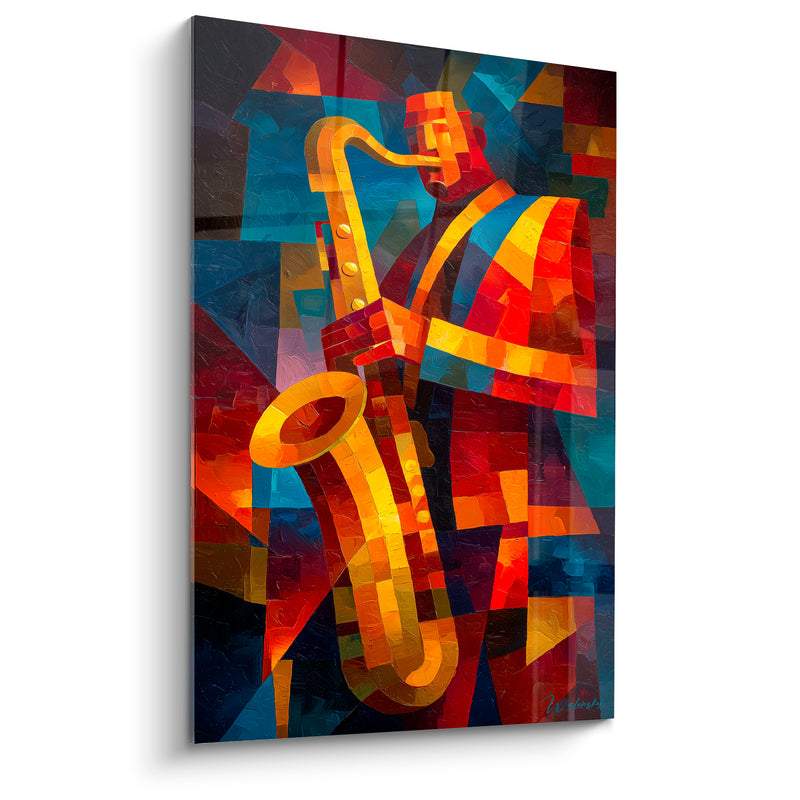 Tableau Musique saxophoniste doré bleu cubiste - Souffle de jazz - Edition Musique