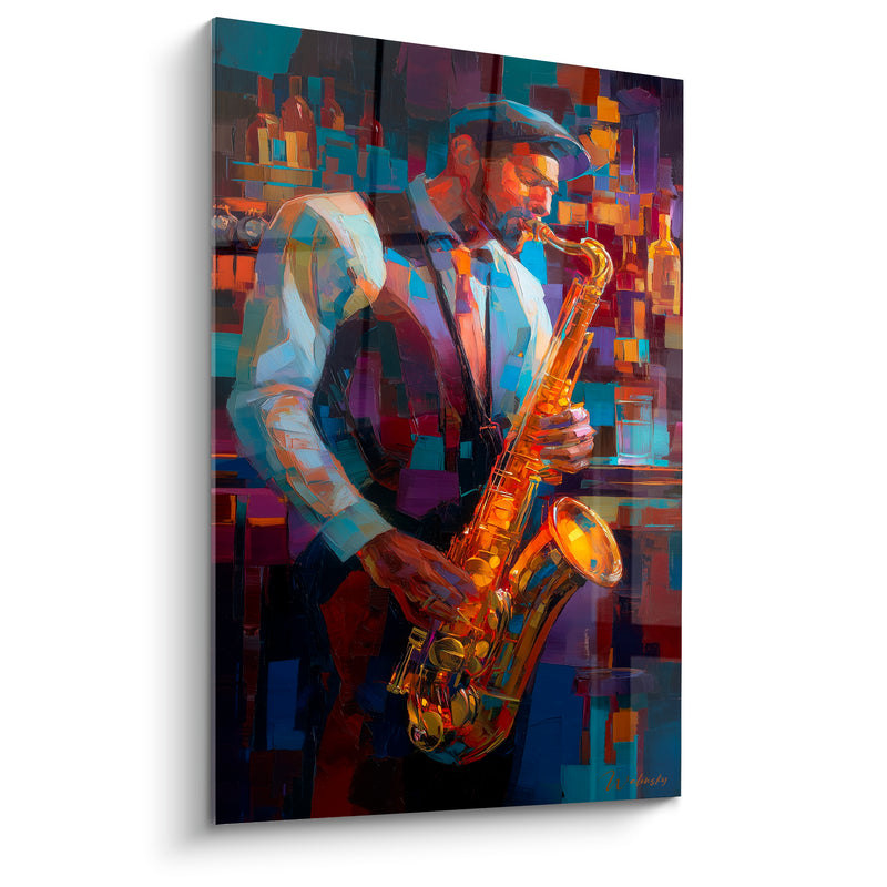 Tableau Musique violet turquoise saxophoniste bouteilles de bar - Casquette et gilet - Edition Musique