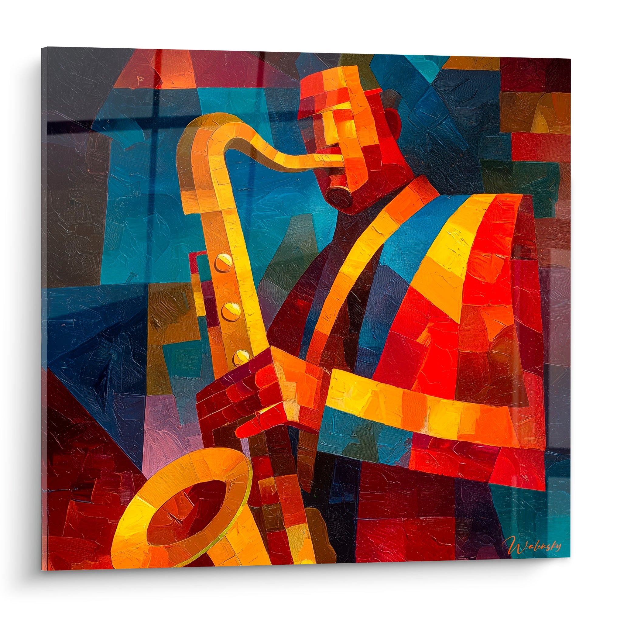 Saxophoniste au saxophone doré peint en touches cubistes bleu marine et terracotta