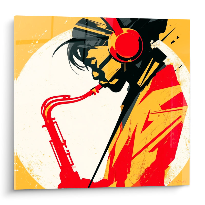 Tableau Musique jaune moutarde et rouge saxophoniste - Souffle du saxophone - Edition Musique