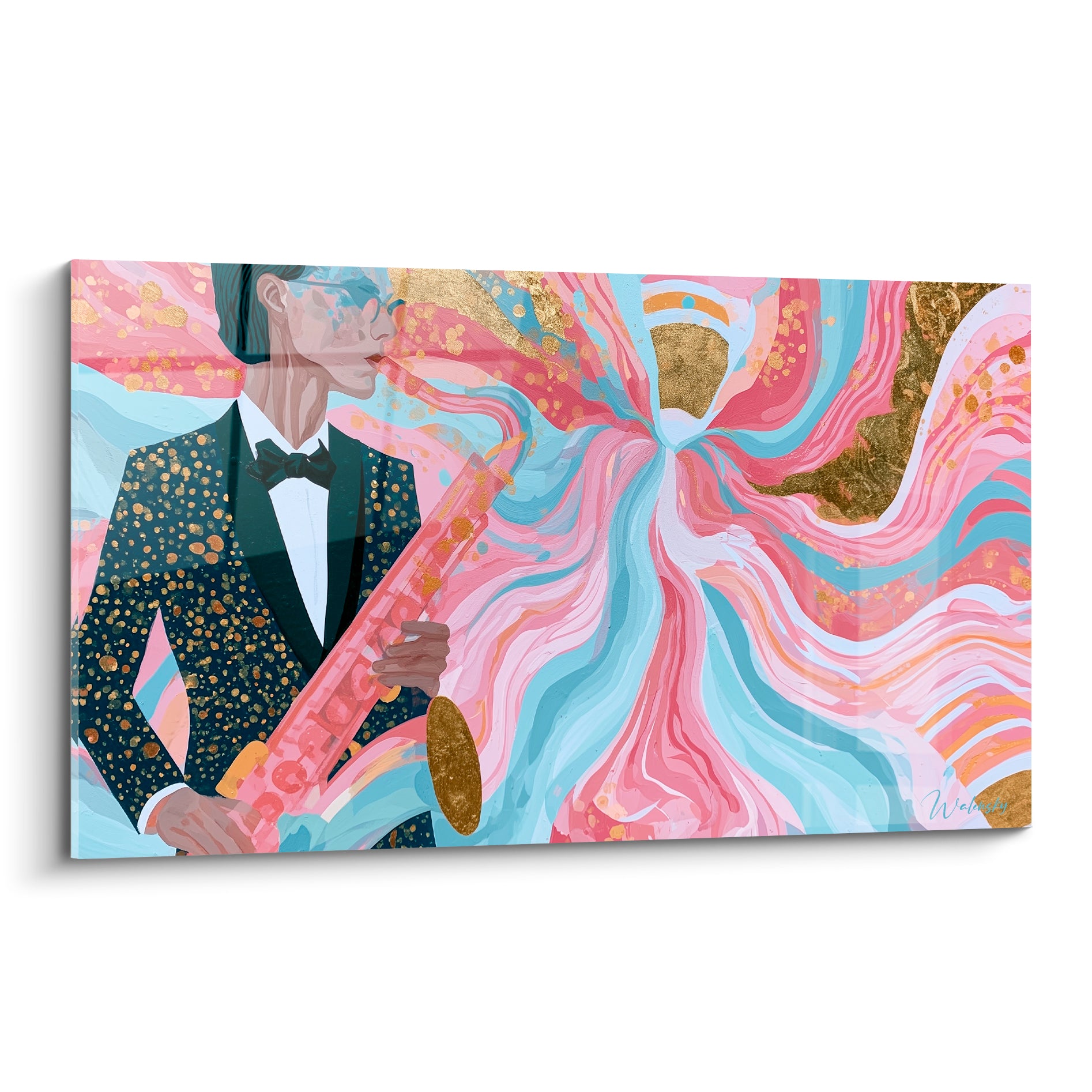 Saxophoniste en costume anthracite doré jouant devant un tourbillon rose et bleu pastel, tableau Musique