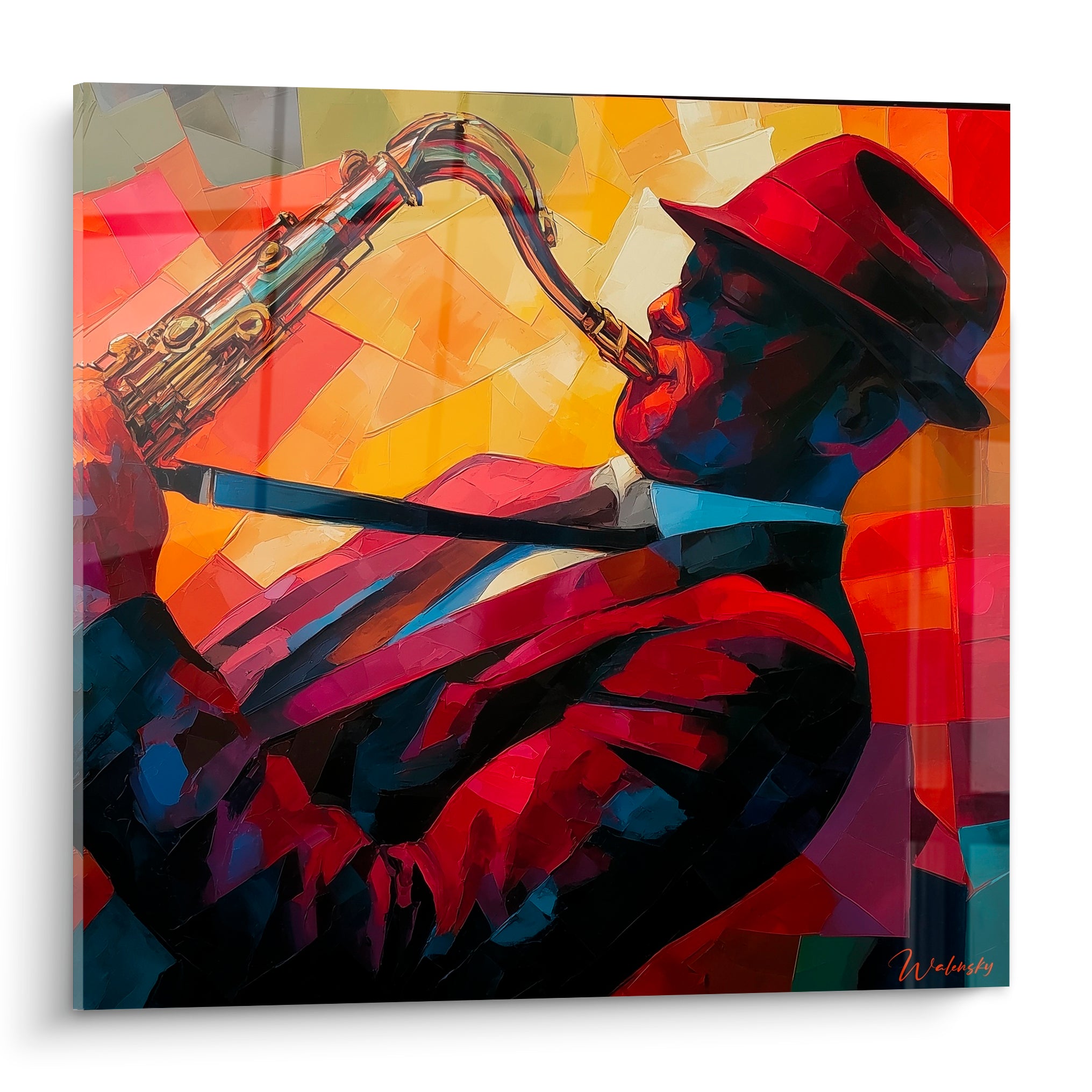 Saxophoniste au chapeau rouge, camaïeu bleu marine et fauve sur fond orangé éclaté façon vitrail