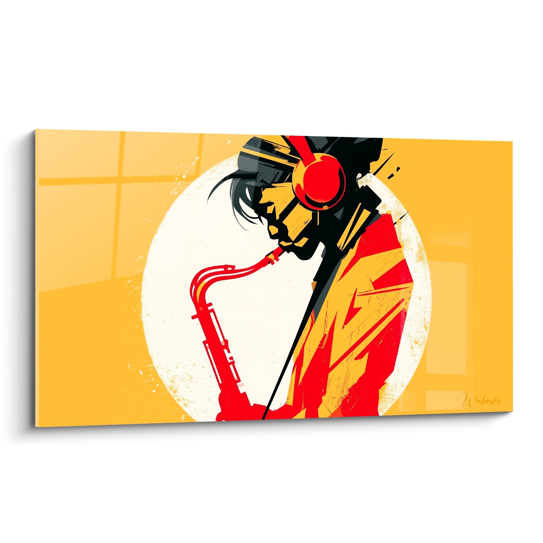 Saxophoniste noir et rouge sur fond jaune moutarde, silhouette graphique et cercle ivoire lumineux