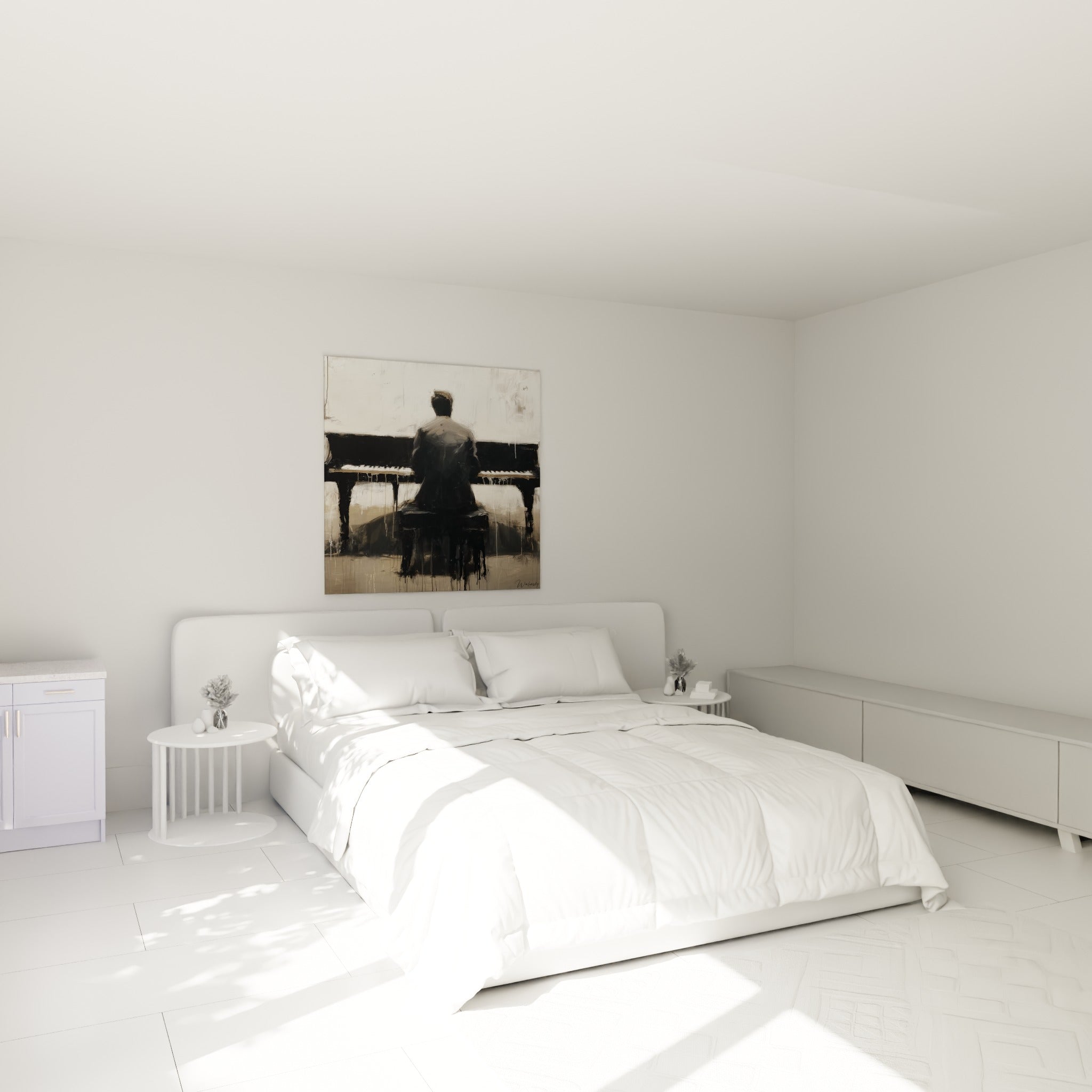 Musicien silhouette anthracite face au piano, tons beige et blanc cassé, au-dessus d'un lit dans une chambre claire