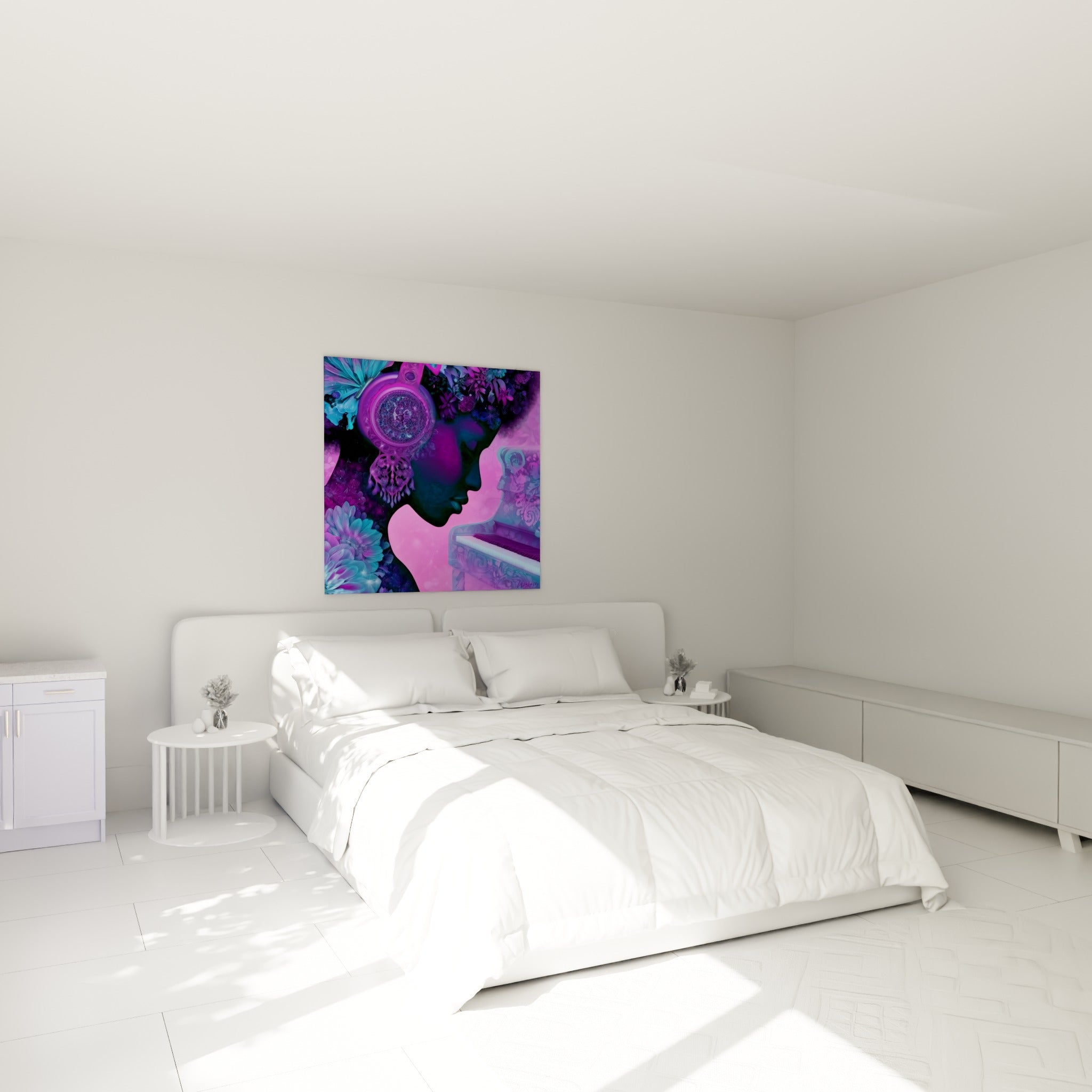 Silhouette de Musique aux tons violets et roses, fleurs turquoise, accrochée au-dessus d'un lit dans une chambre claire