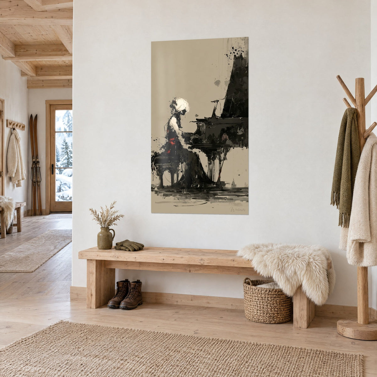 Tableau piano à queue noir éclaboussé d'encre et musicienne chevelure d'ivoire, fond sable, sur un mur de chalet clair