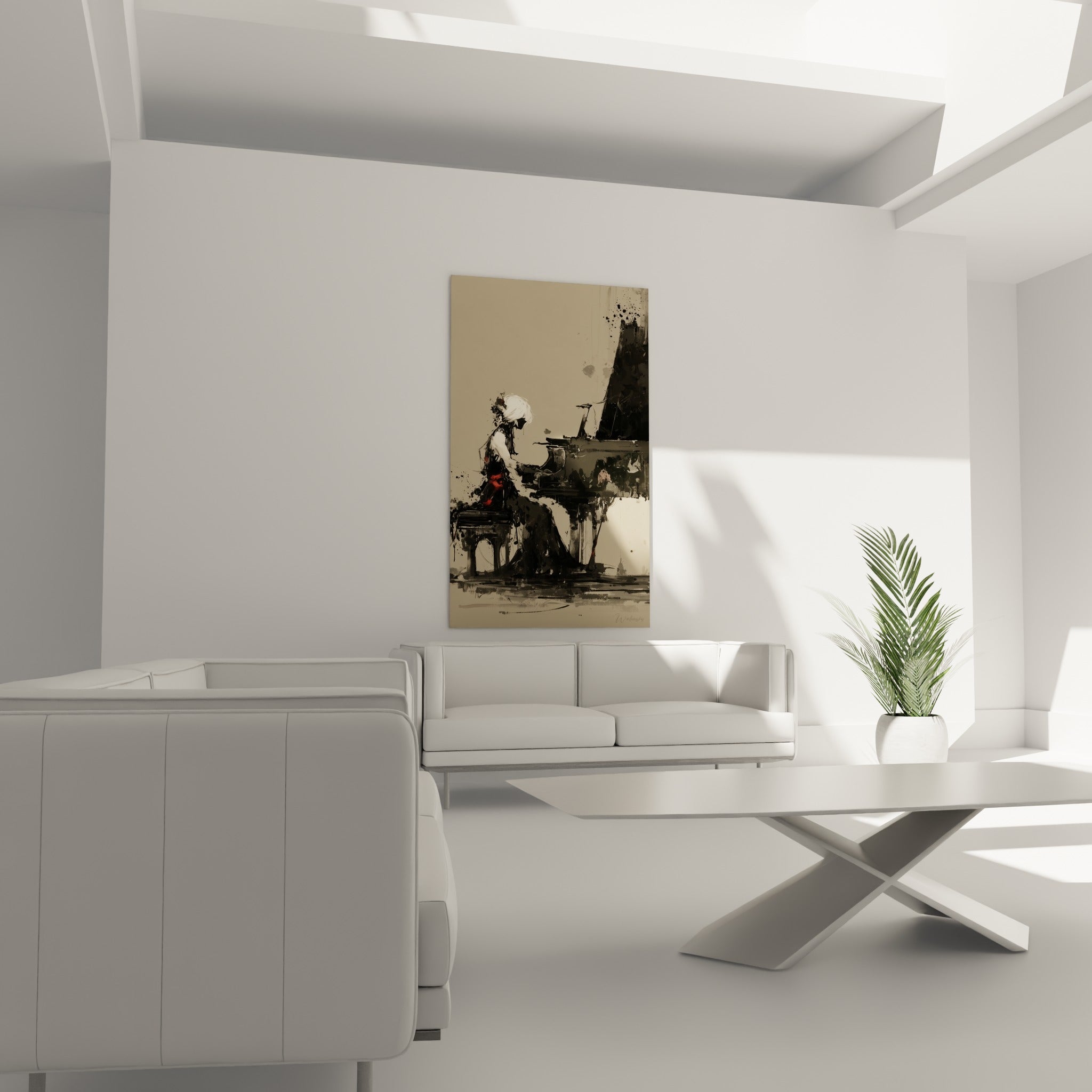 Scène de piano en noir et beige sable avec touche rouge, disposée au-dessus d'un canapé dans un salon lumineux
