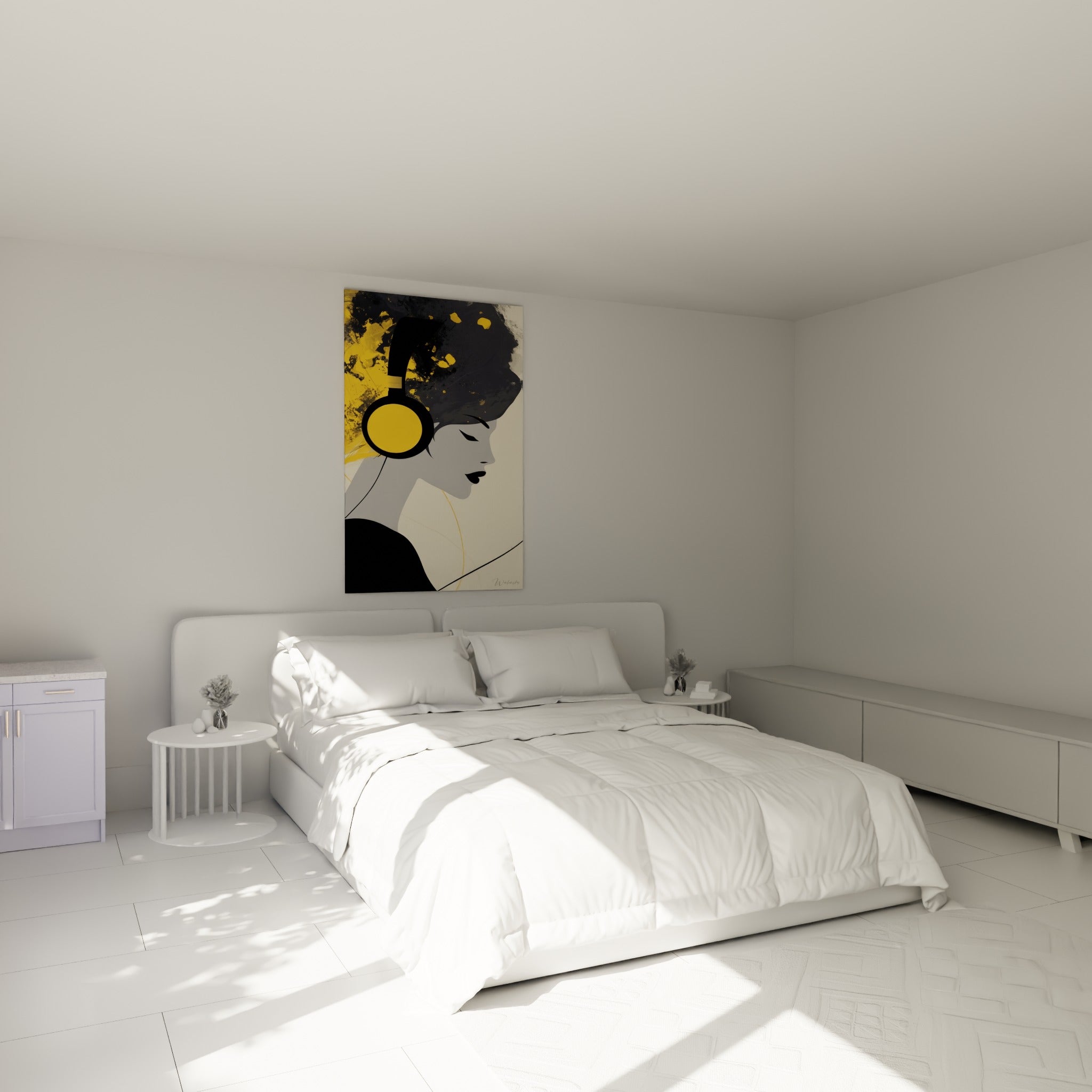 Silhouette au casque doré et chevelure anthracite accrochée au-dessus d'un lit dans une chambre claire