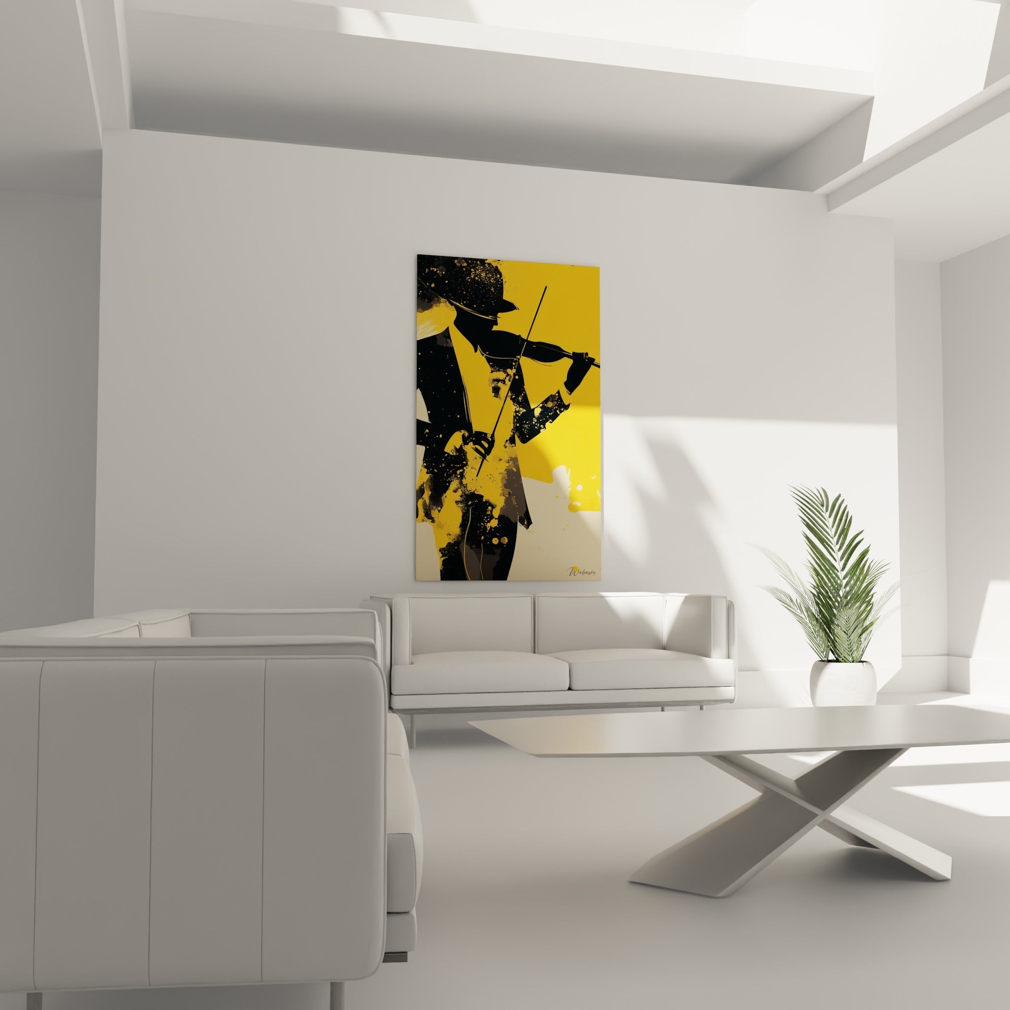 Silhouette noire du musicien à l'archet levé au-dessus d'un canapé dans un salon lumineux.