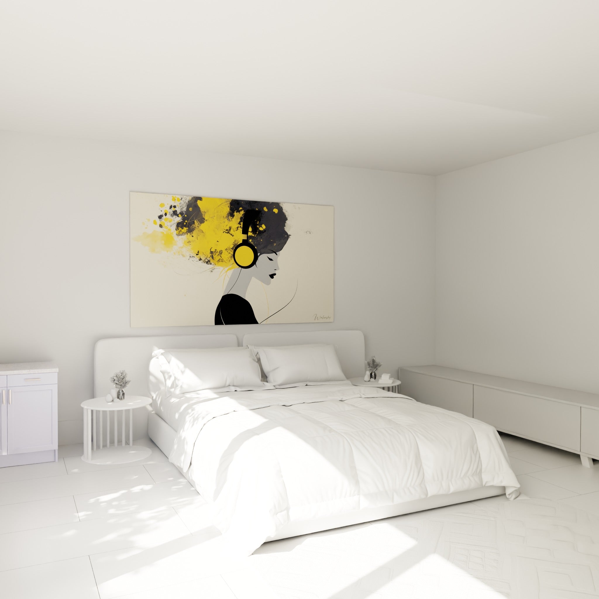 Musique illustrée en profil gris et jaune moutarde, accrochée au-dessus d'un lit dans une chambre claire