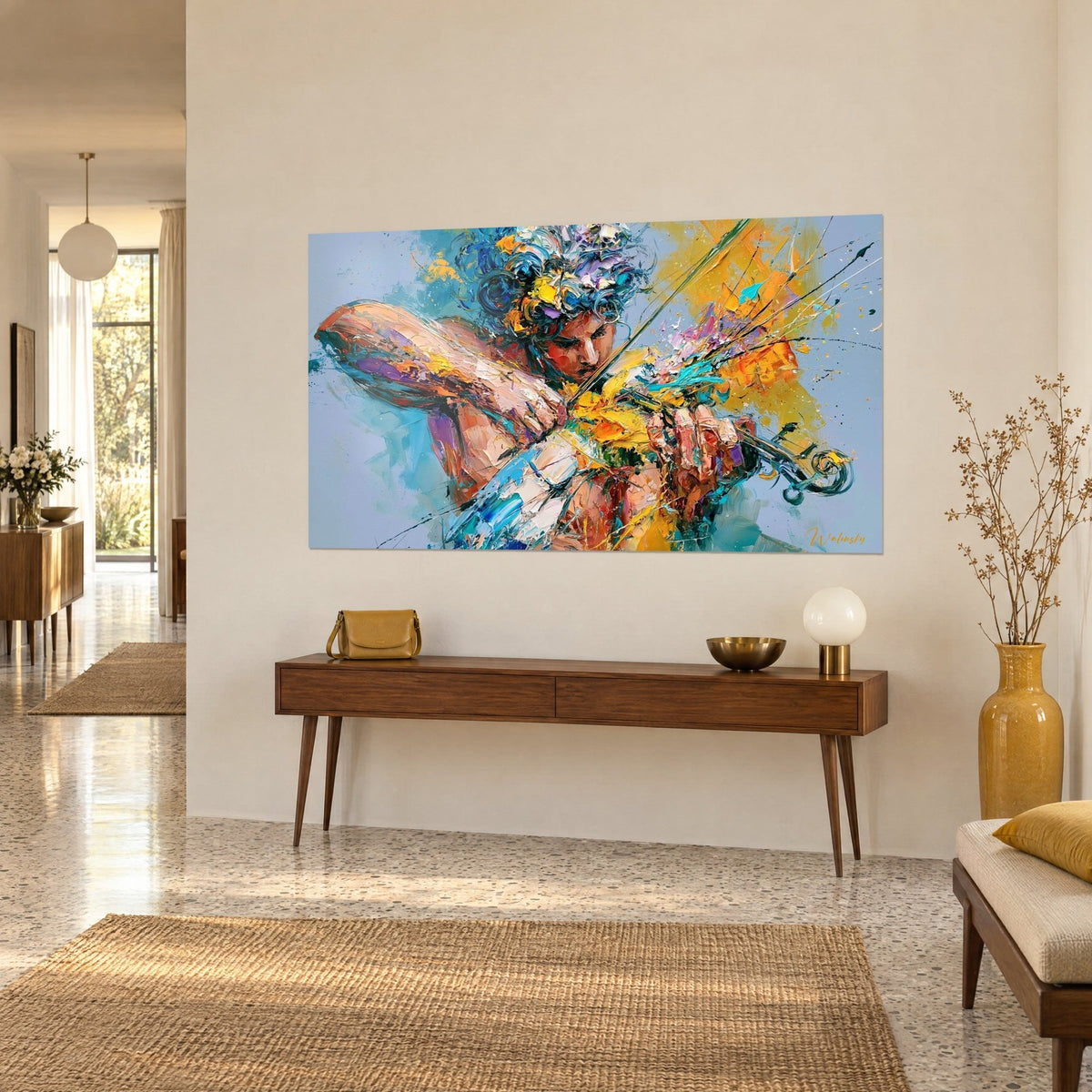 Tableau archet doré fendant l'air devant un visage penché, pâte épaisse jaune et turquoise, mur beige d'un couloir clair années 50