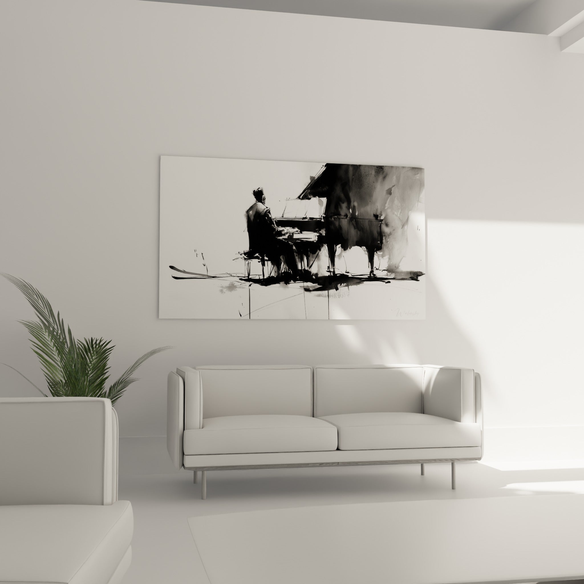 Musicien esquissé à l'encre noire devant son piano à queue, accroché au-dessus d'un canapé dans un salon lumineux