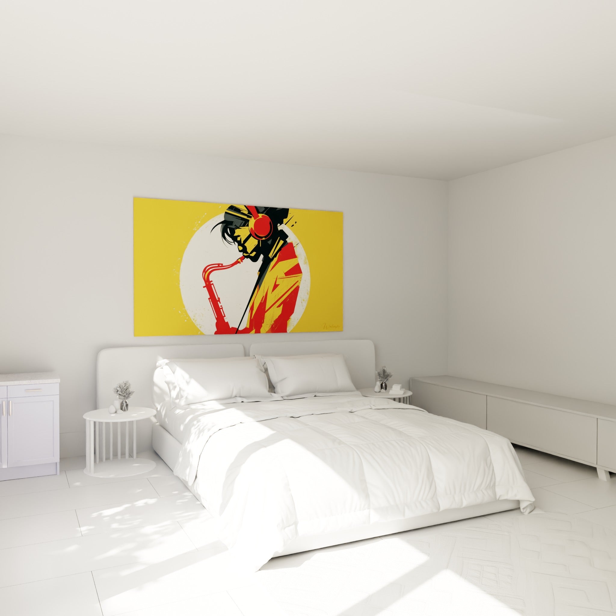 Musicien au saxophone rouge intense, fond jaune moutarde, accroché au-dessus d'un lit dans une chambre claire