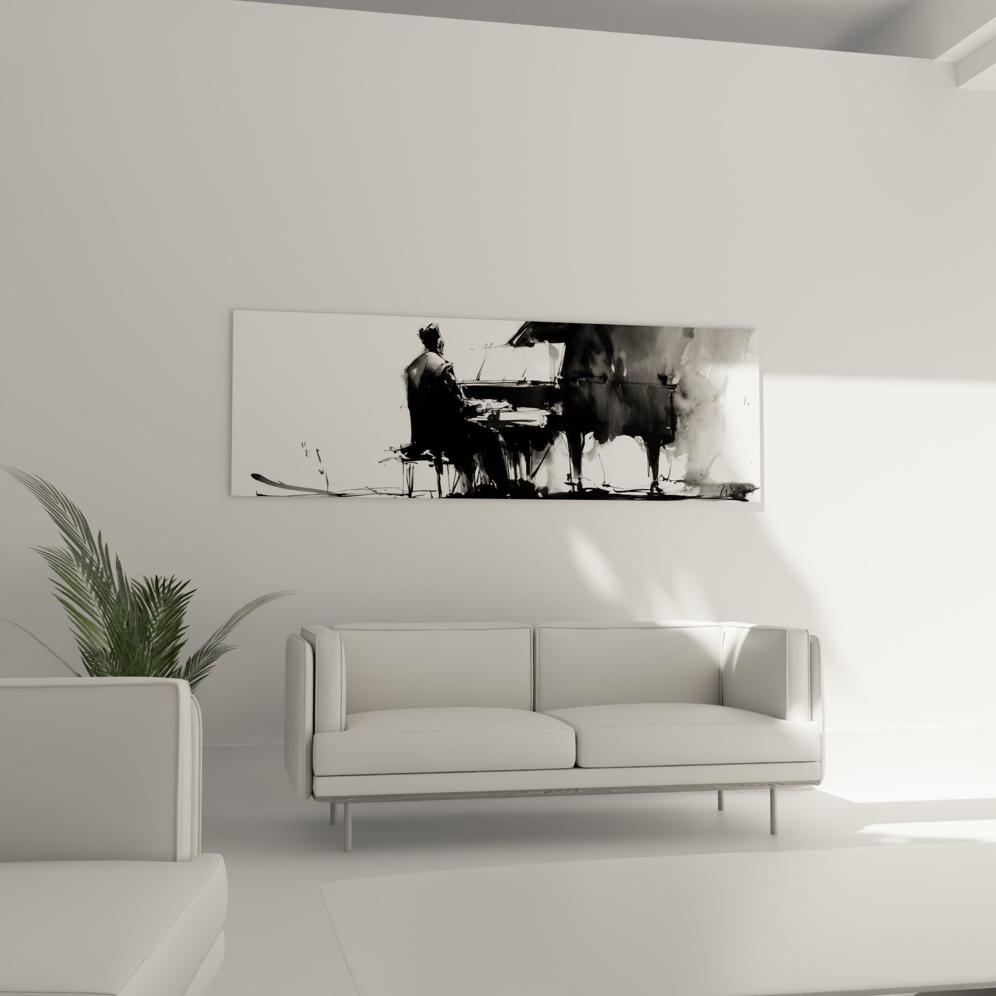 Interprète penché sur son piano noir et blanc, traits vifs à l'encre, au-dessus d'un canapé dans un salon lumineux