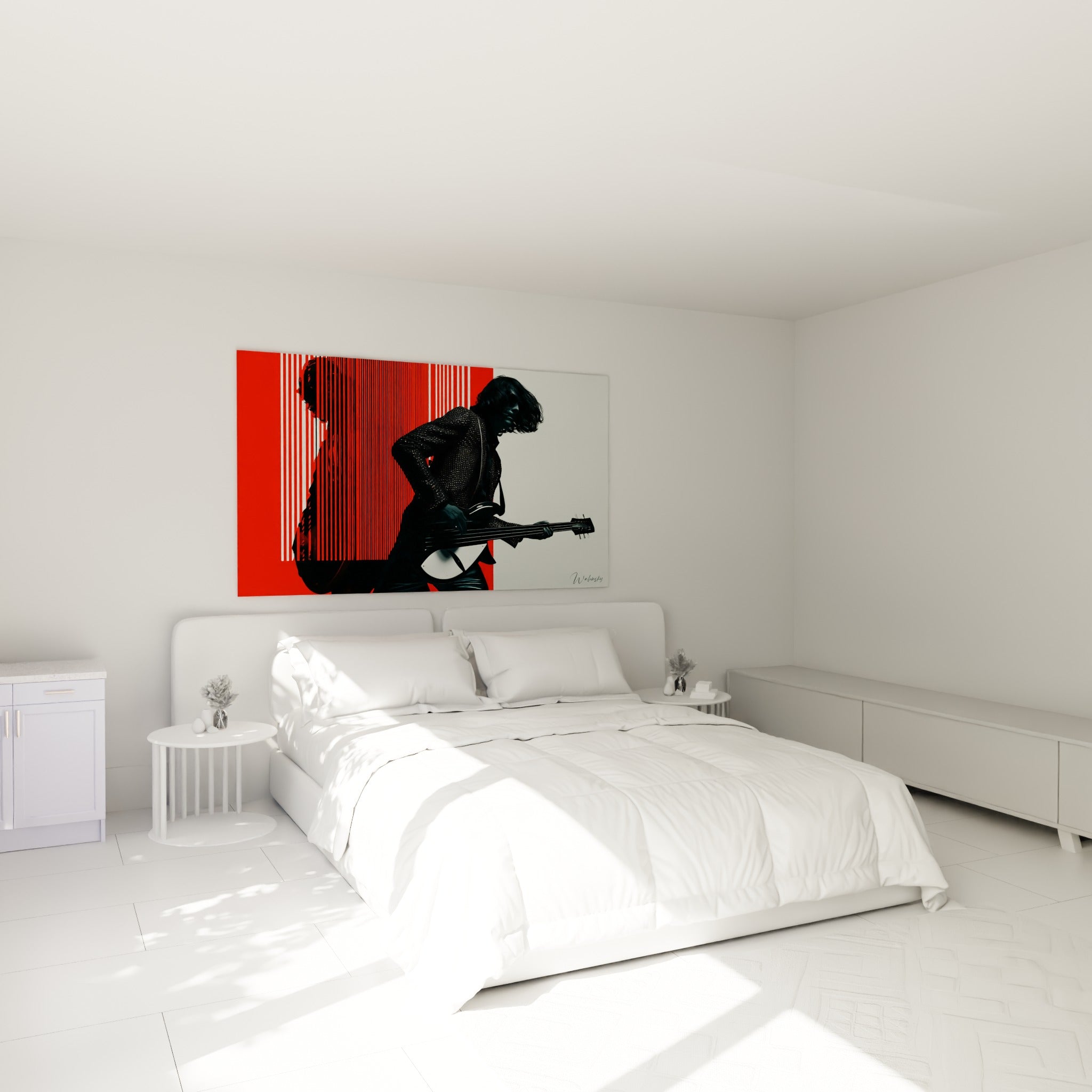Silhouette de musicien en noir, rouge vif et blanc contrastés, au-dessus d'un lit dans une chambre claire