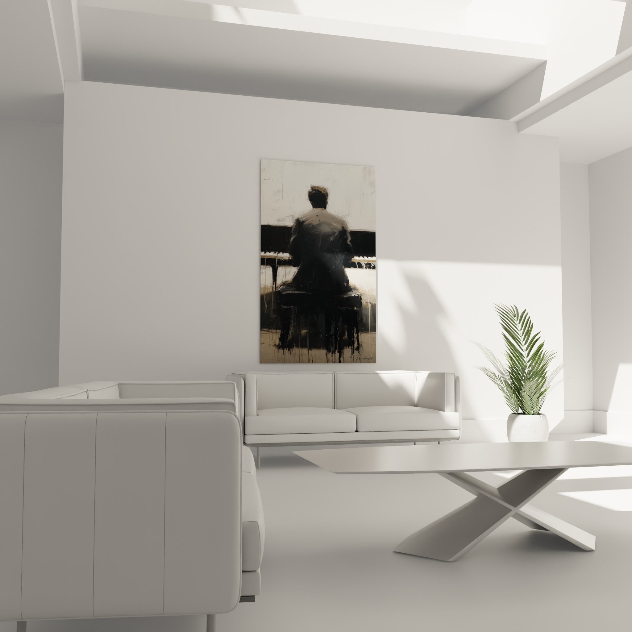 Musicien de dos en noir et anthracite face aux touches blanches, au-dessus d'un canapé dans un salon lumineux