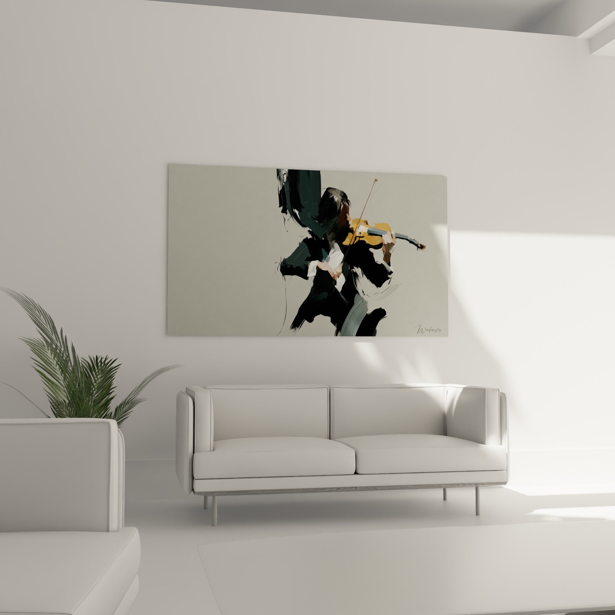 Silhouette tendue vers son violon doré, touches anthracite et blanc cassé, au-dessus d'un canapé dans un salon lumineux
