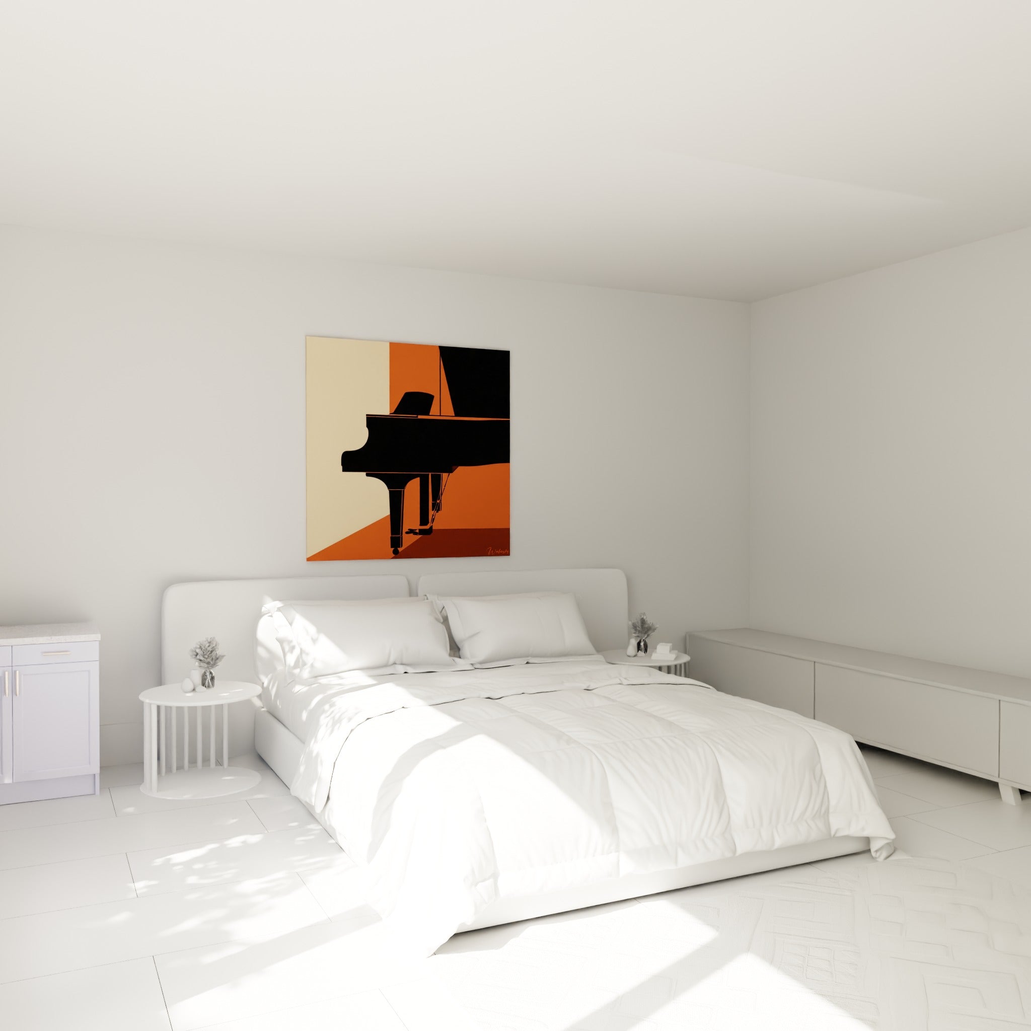 Silhouette de piano noir et orange brûlé accrochée au-dessus d'un lit dans une chambre claire