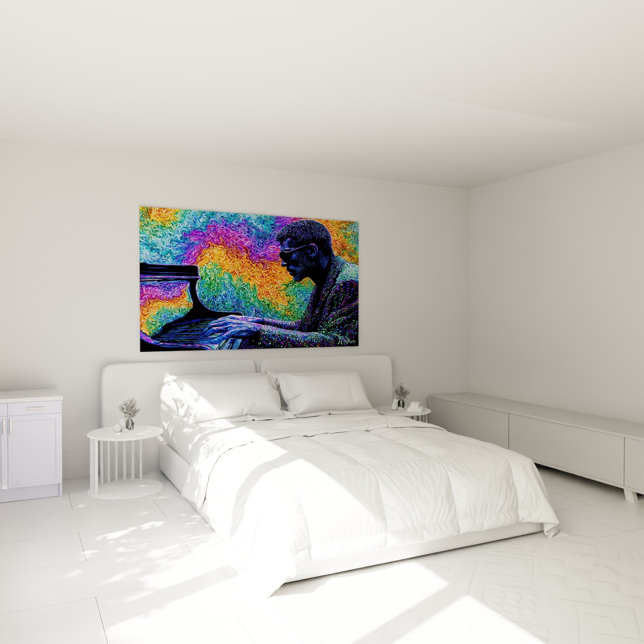 Musicien en profil sombre parmi des volutes turquoise et violettes, accroché au-dessus d'un lit dans une chambre claire
