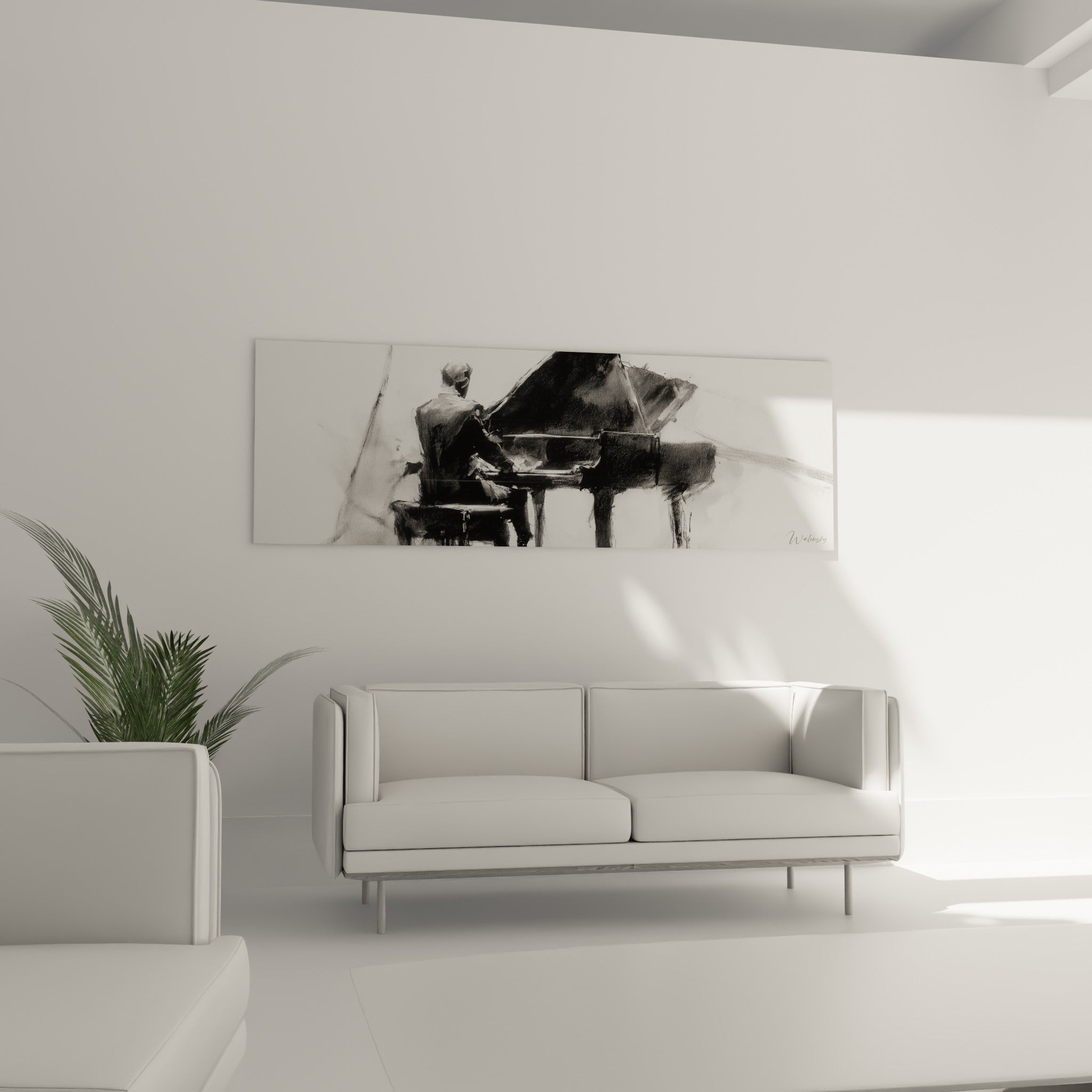 Silhouette sombre au piano à queue traitée en contrastes noir et blanc, au-dessus d'un canapé dans un salon lumineux