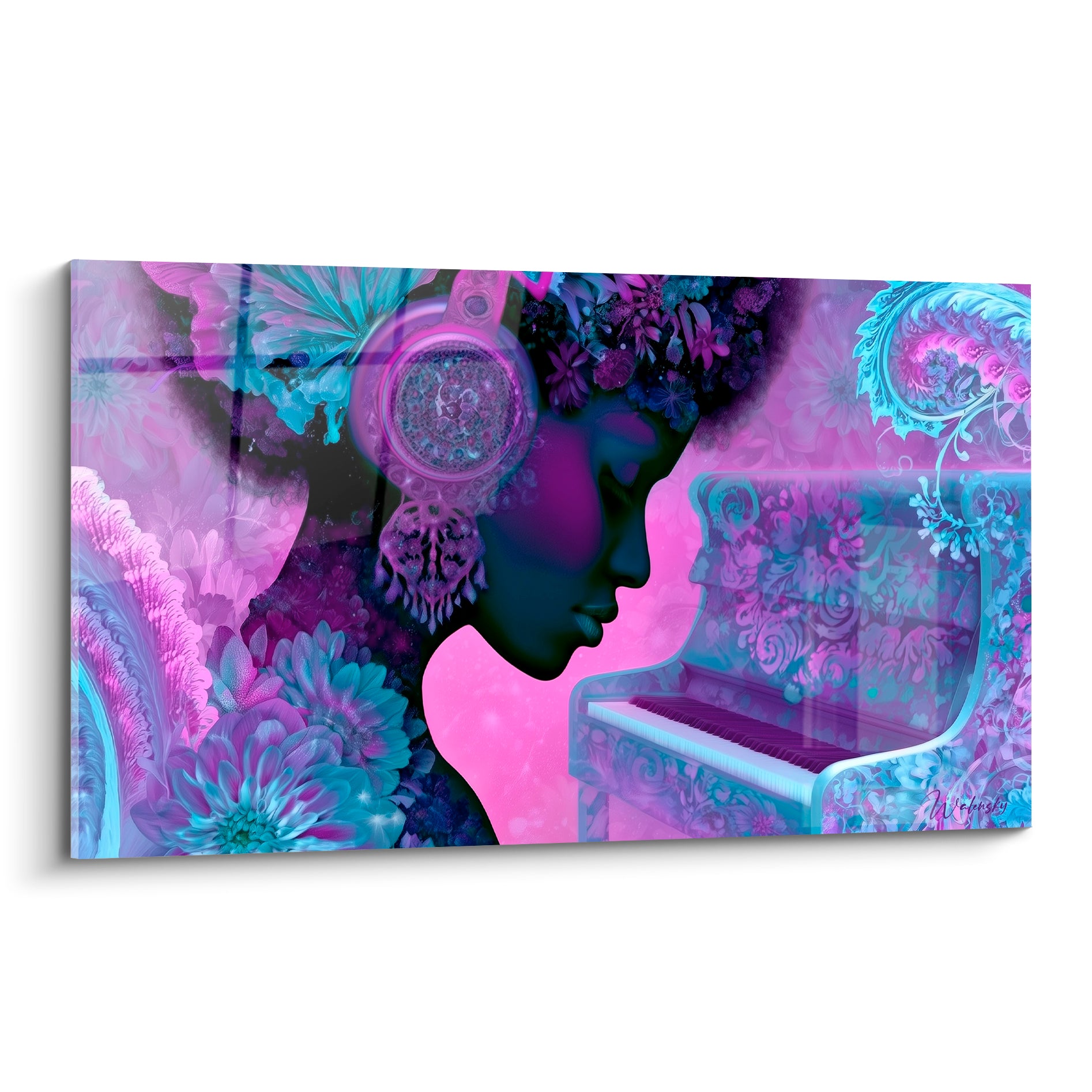 Silhouette violette casquée face à un piano turquoise, entourée de fleurs et papillons stylisés