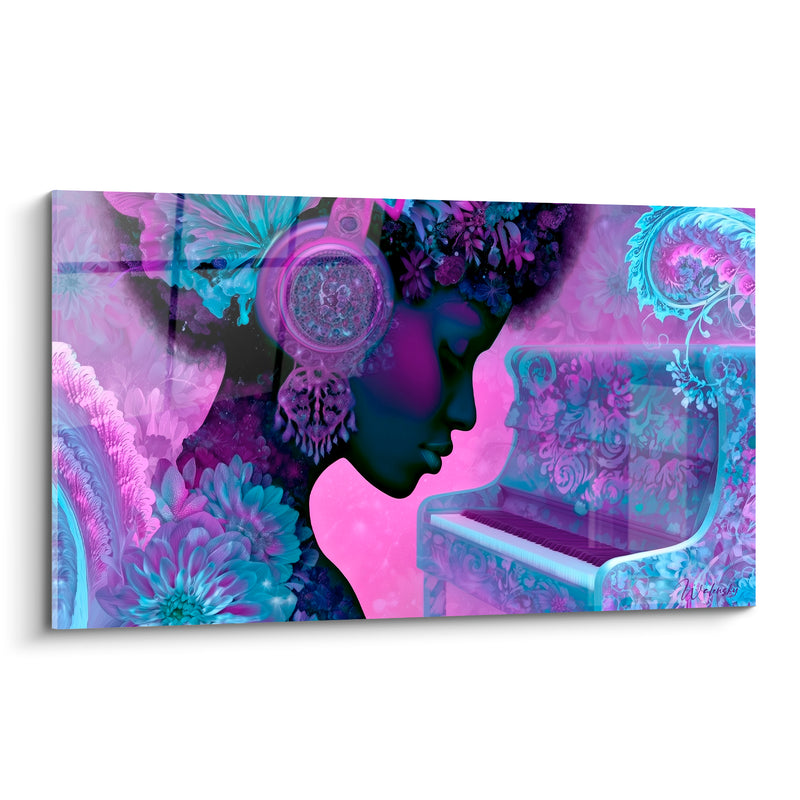 Tableau Musique violet turquoise silhouette casque audio fleuri - Papillon et chrysanthèmes - Edition Musique