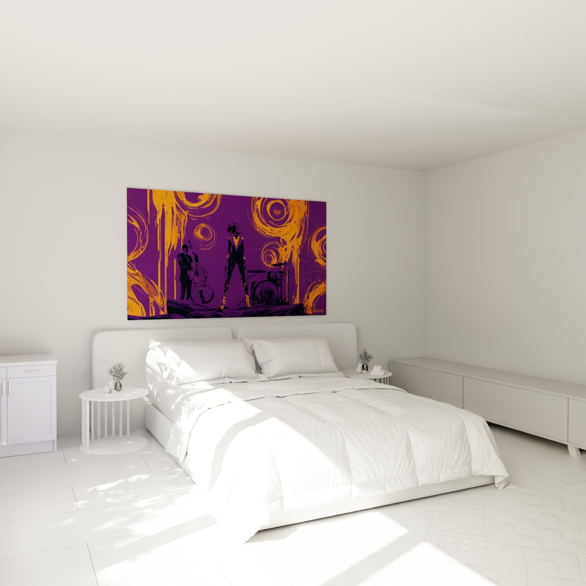 Musiciens en ombres chinoises entourés de cercles orange sur violet, au-dessus d'un lit dans une chambre claire