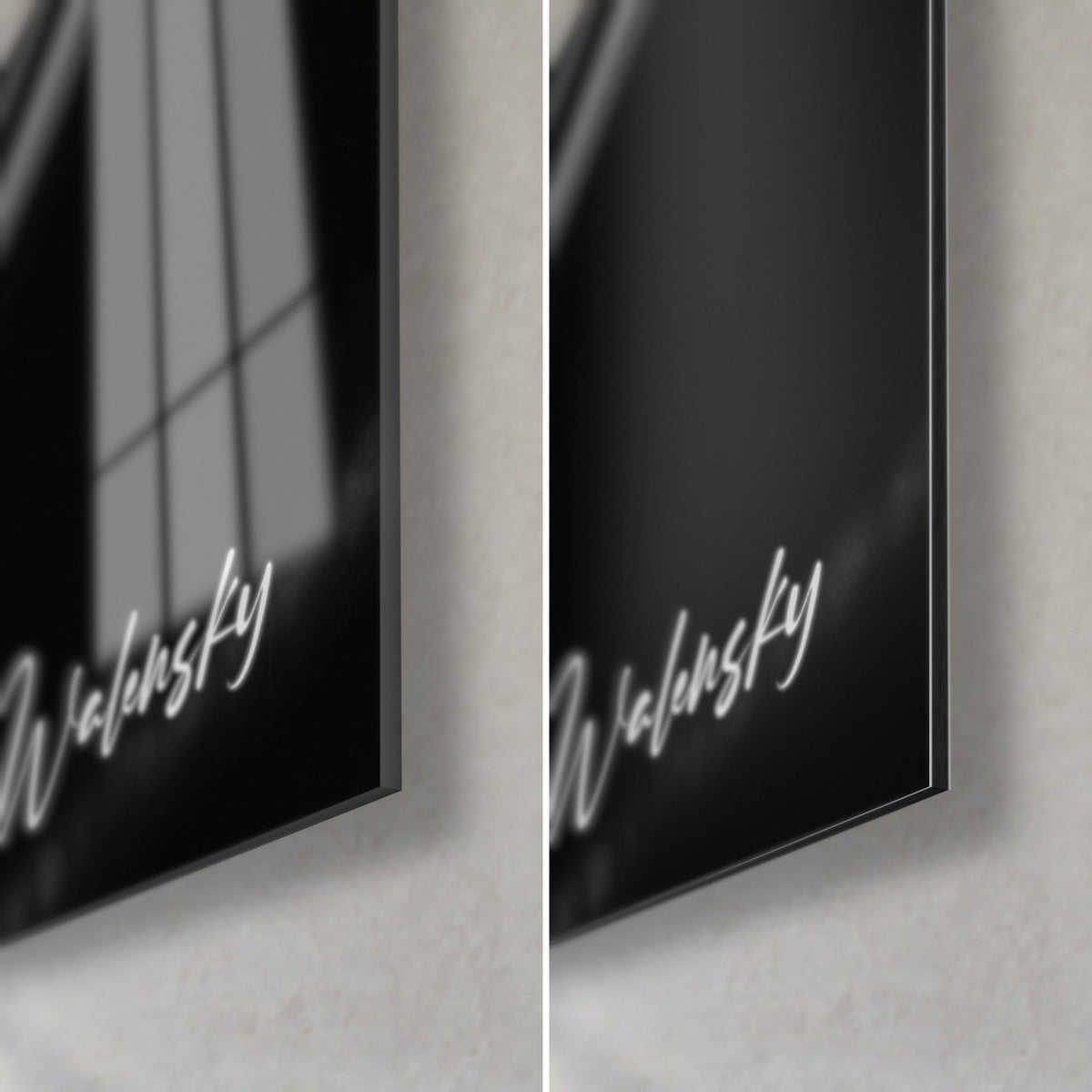 Wall art black and silver turntable, bottom right corner: glossy acrylic glass on the left, matte Dibond on the right, 3 mm edge