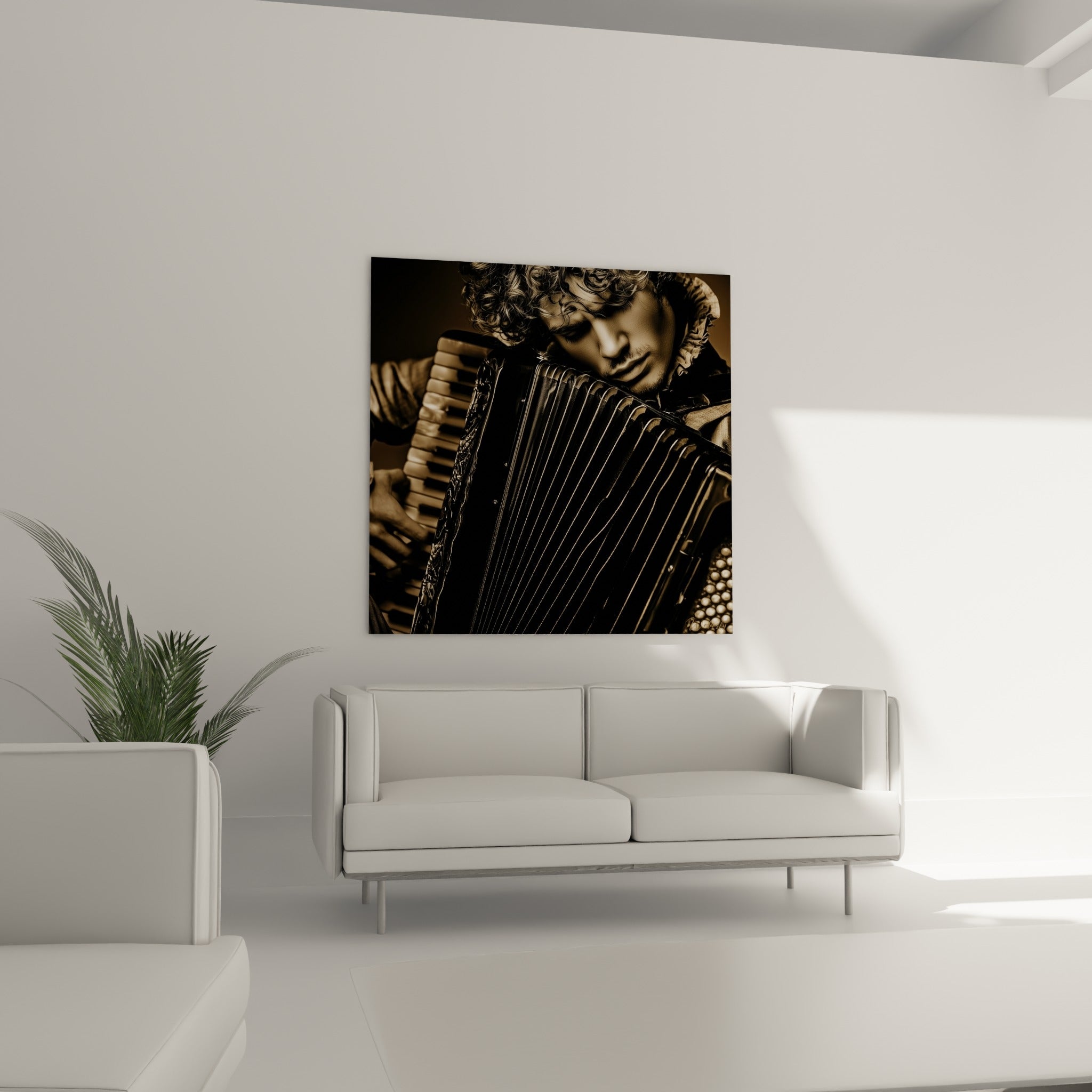 Portrait bronze d'un accordéoniste concentré, soufflet noir déployé, au-dessus d'un canapé dans un salon lumineux