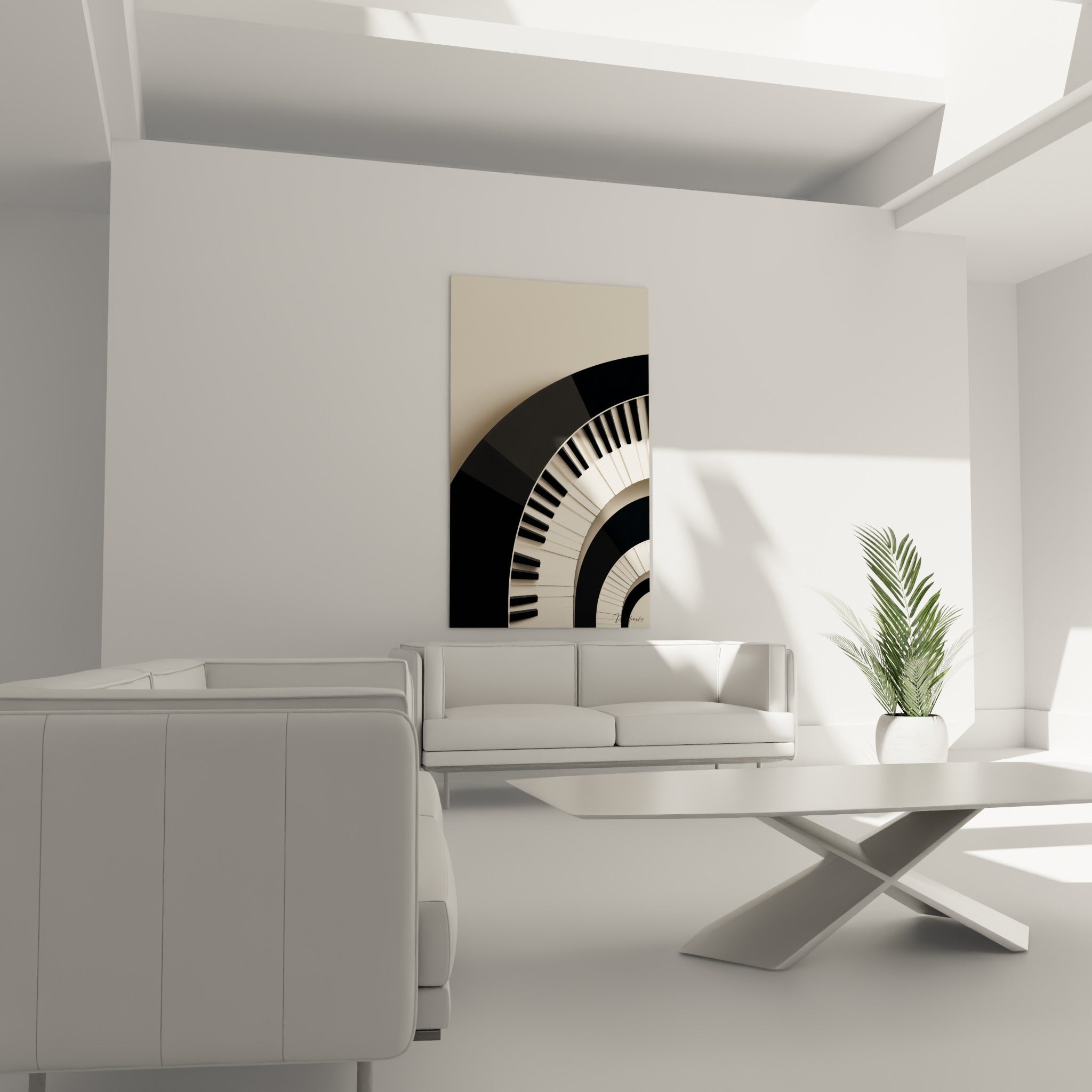 Motif circulaire de touches noires et ivoire au-dessus d'un canapé dans un salon lumineux