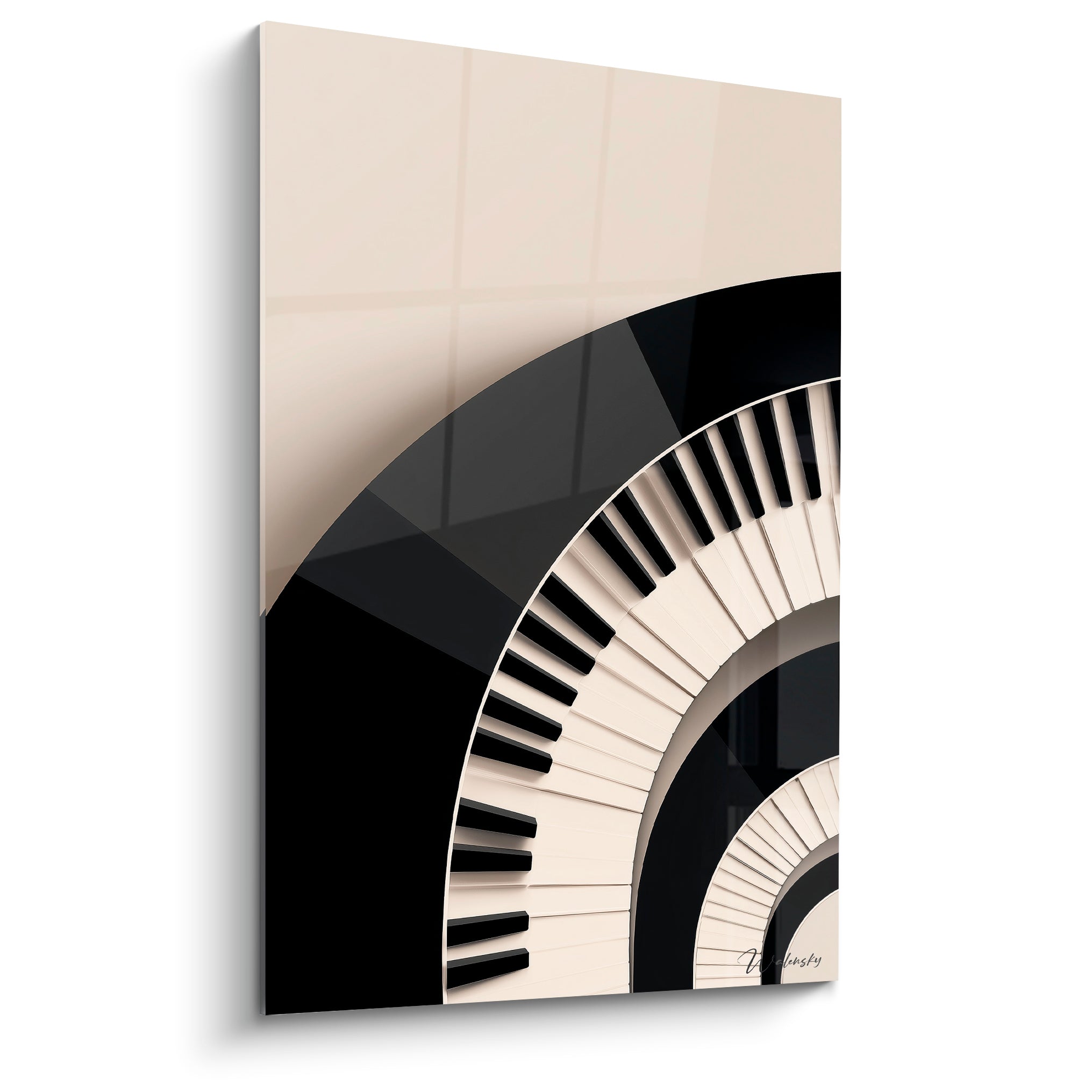 Spirale de touches de piano noir et ivoire sur fond beige, composition graphique élégante