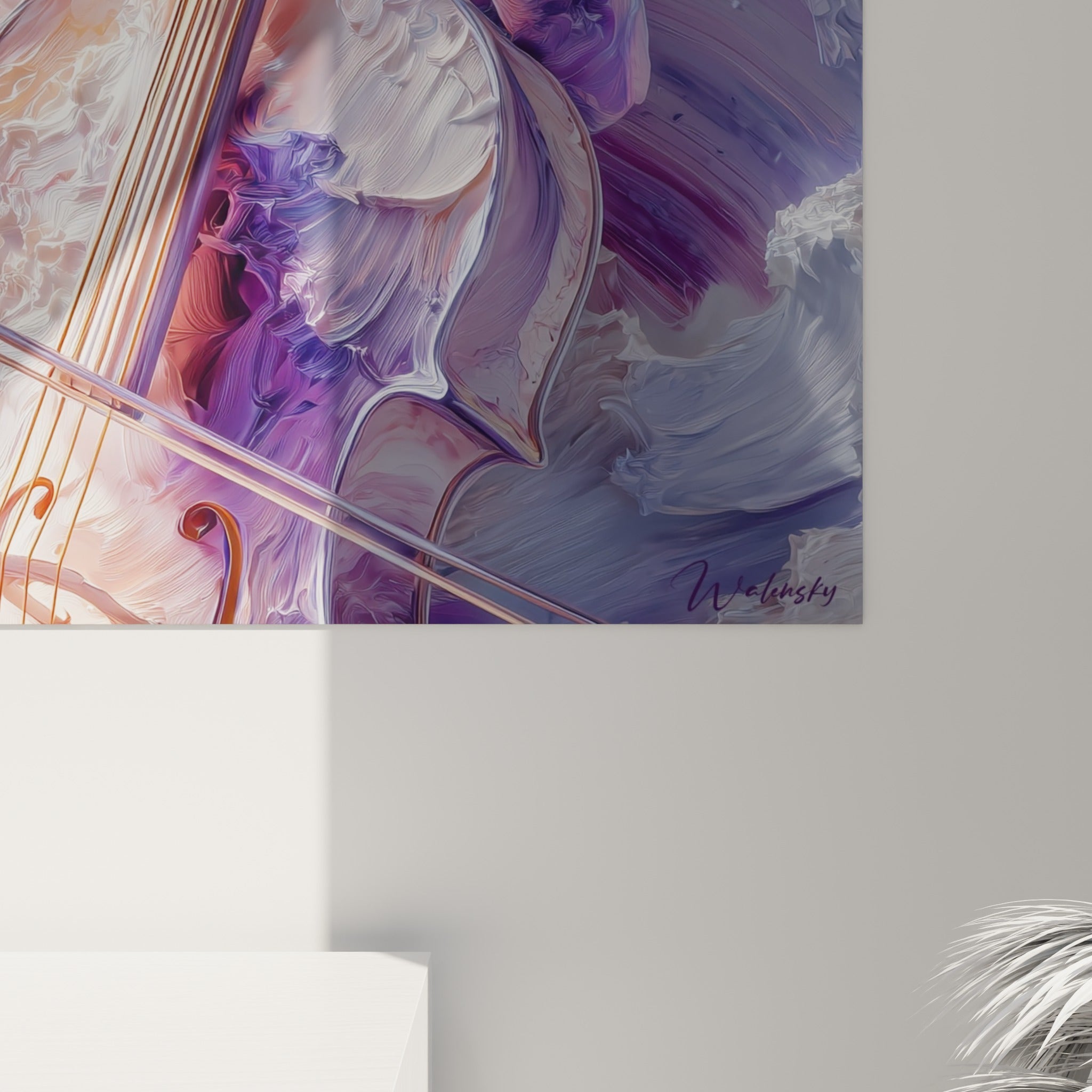 Empâtements épais en blanc crème et violet profond révélant la matière sculptée de la toile