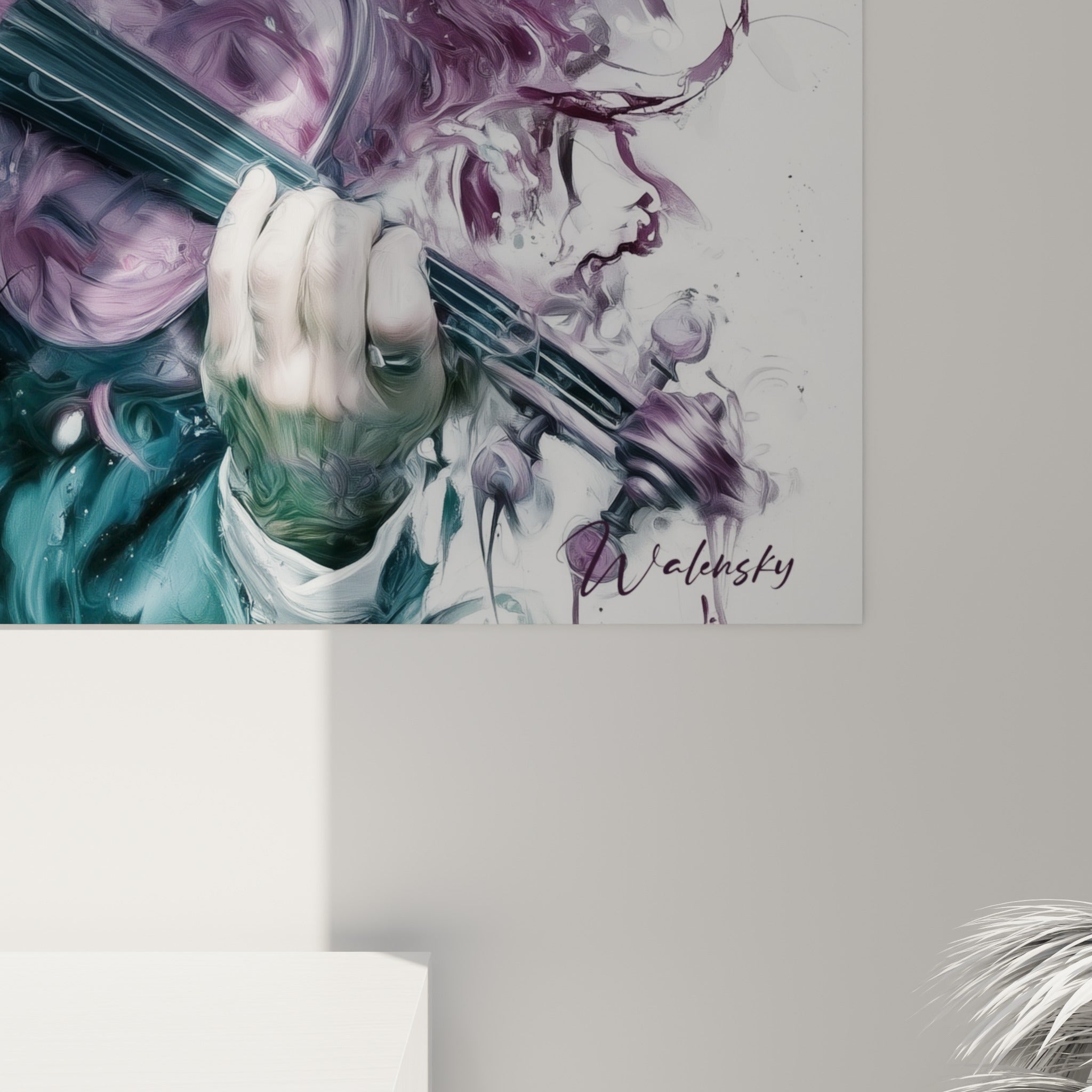 Empâtements mauves et bleu pétrole se mêlant en coulures près des doigts du violoniste sur la toile