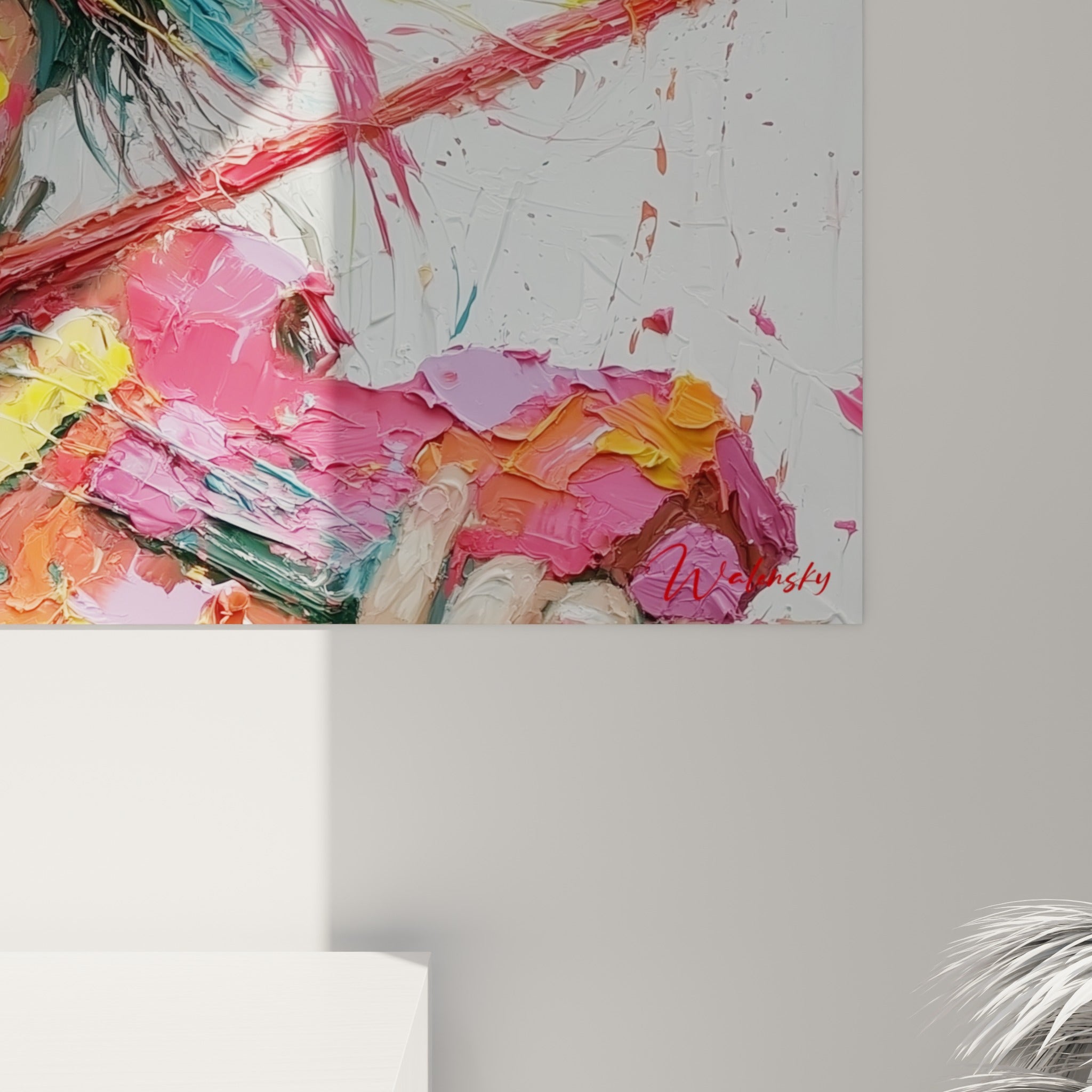 Empâtements épais de fuchsia, turquoise et jaune se mêlant sur le visage de la violoniste peinte