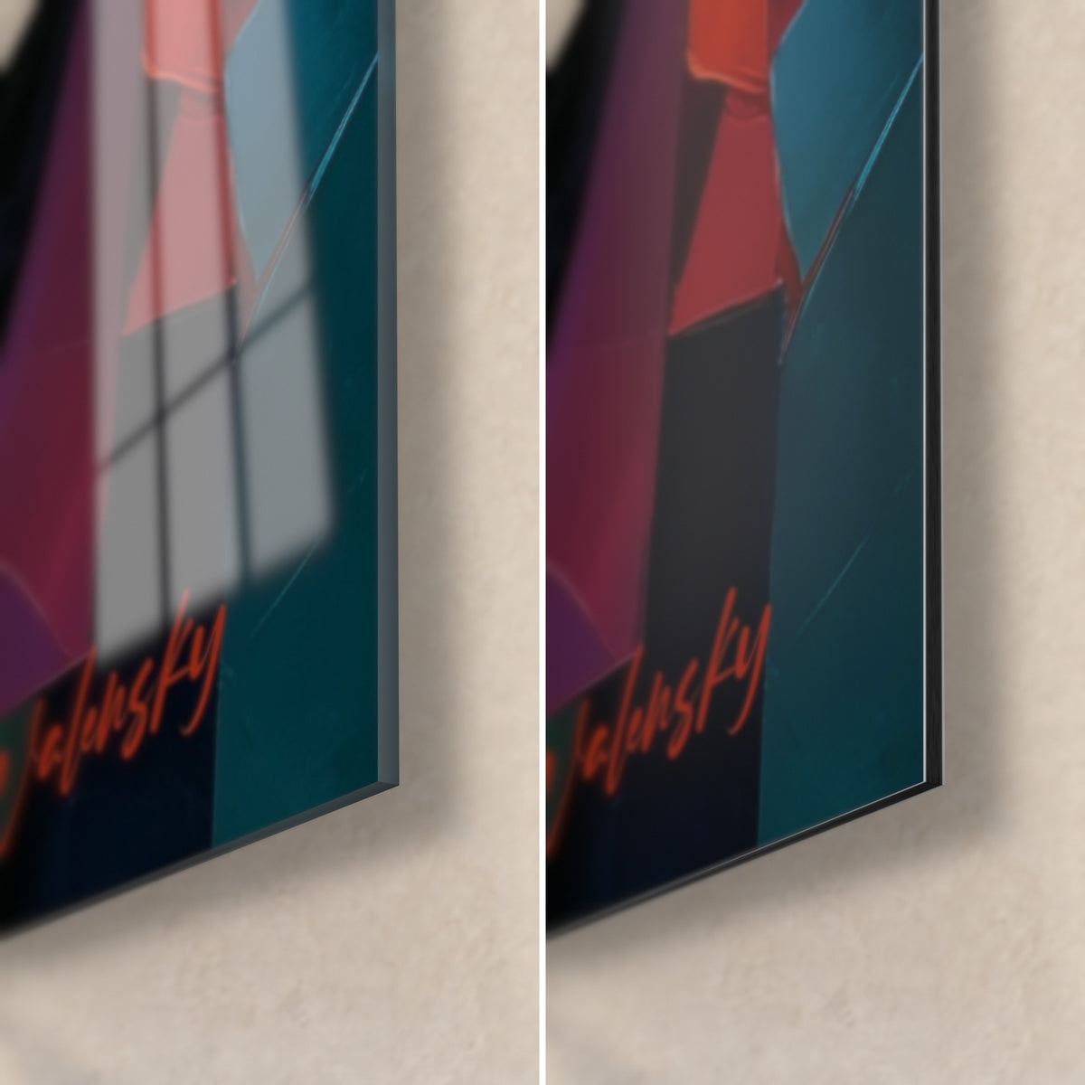Gemälde eines Saxophonspielers, untere rechte Ecke: glänzendes Acrylglas links, mattes Dibond-Aluminium rechts, entenblauer und roter Hintergrund, 3 mm Kante