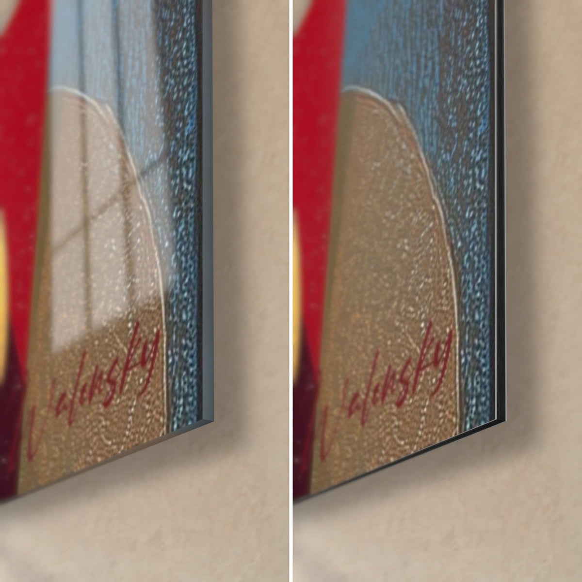 Gemälde eines karminroten und goldenen Saxophons, untere rechte Ecke: glänzendes Acrylglas links, mattes Dibond rechts, 3 mm Kante