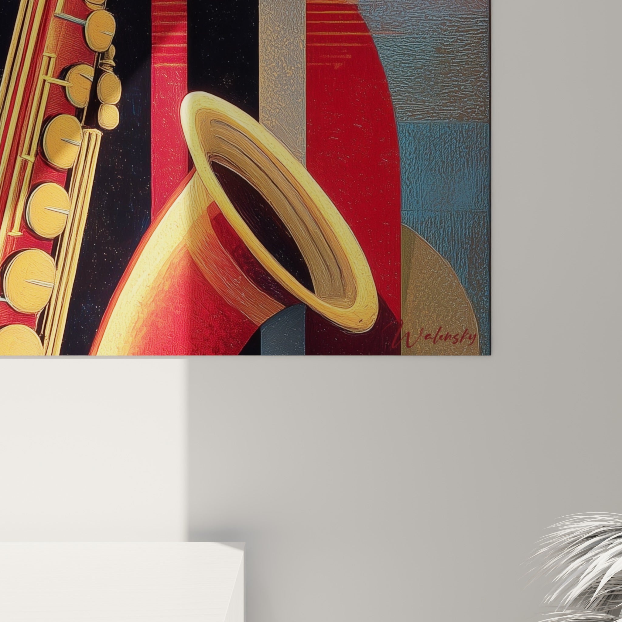 Empâtements dorés et rouges se croisant sur la toile texturée, détail du pavillon et des clés du saxophone